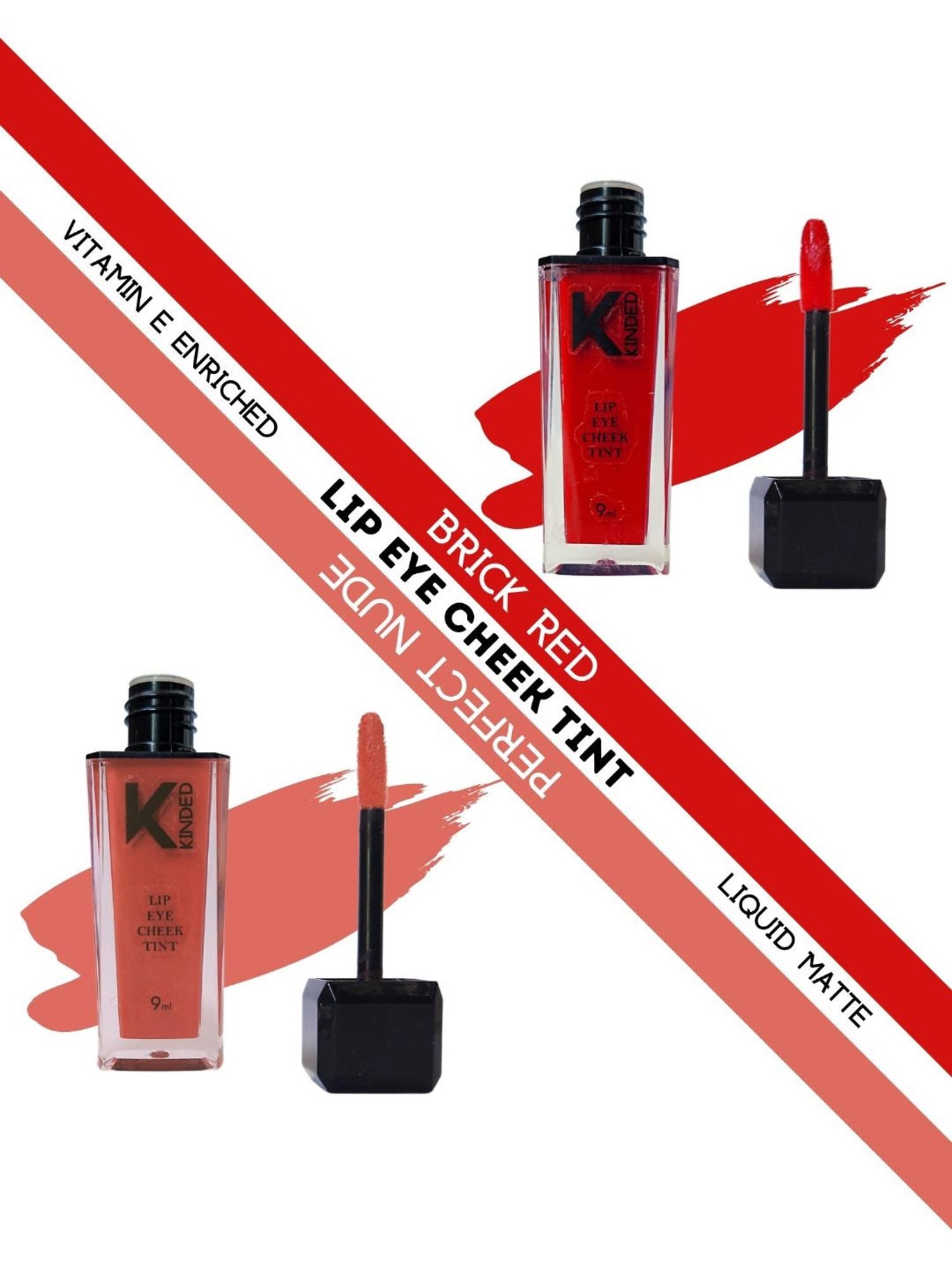KINDED Lip Eye Cheek Tint Brick Red & Perfect Nude Combo