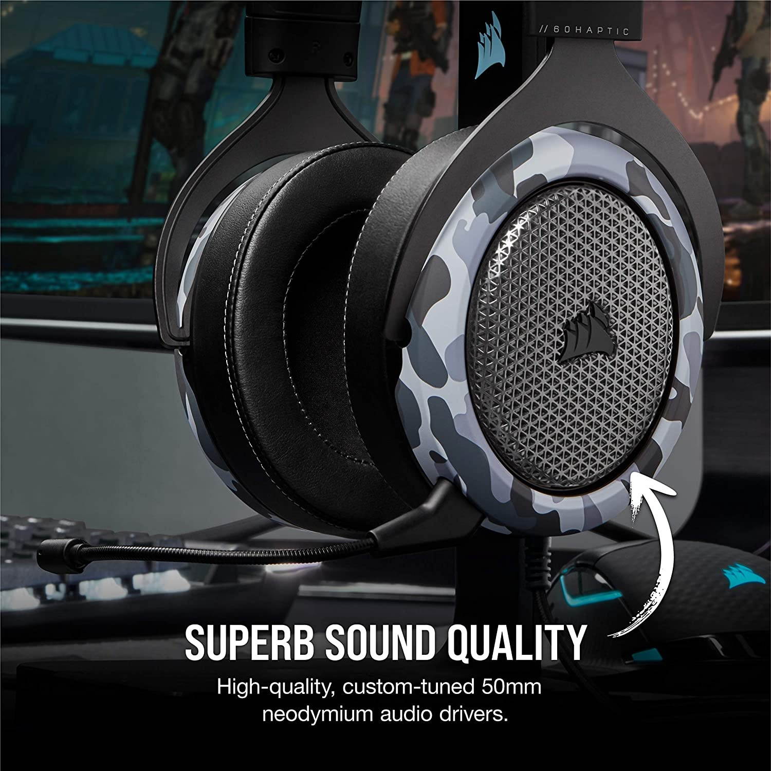 Corsair HS60 Haptic Stereo Gaming Headset with Haptic Bass Memory Foam Earcups Removable Microphone Windows Sonic Compatible Discord-Certified for PC - Arctic Camo