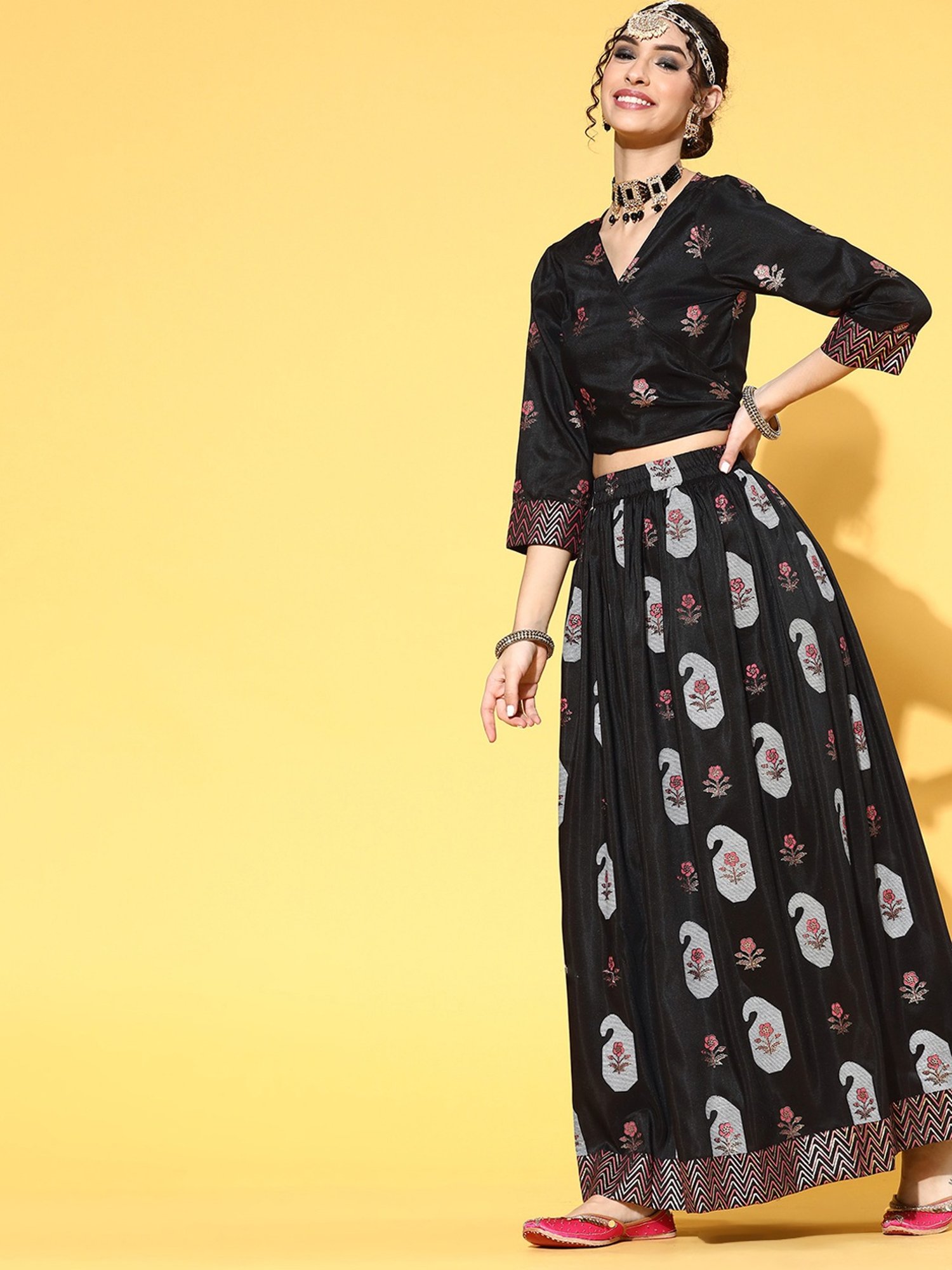 Ziyaa Black Floral Print Crop Top Skirt Set
