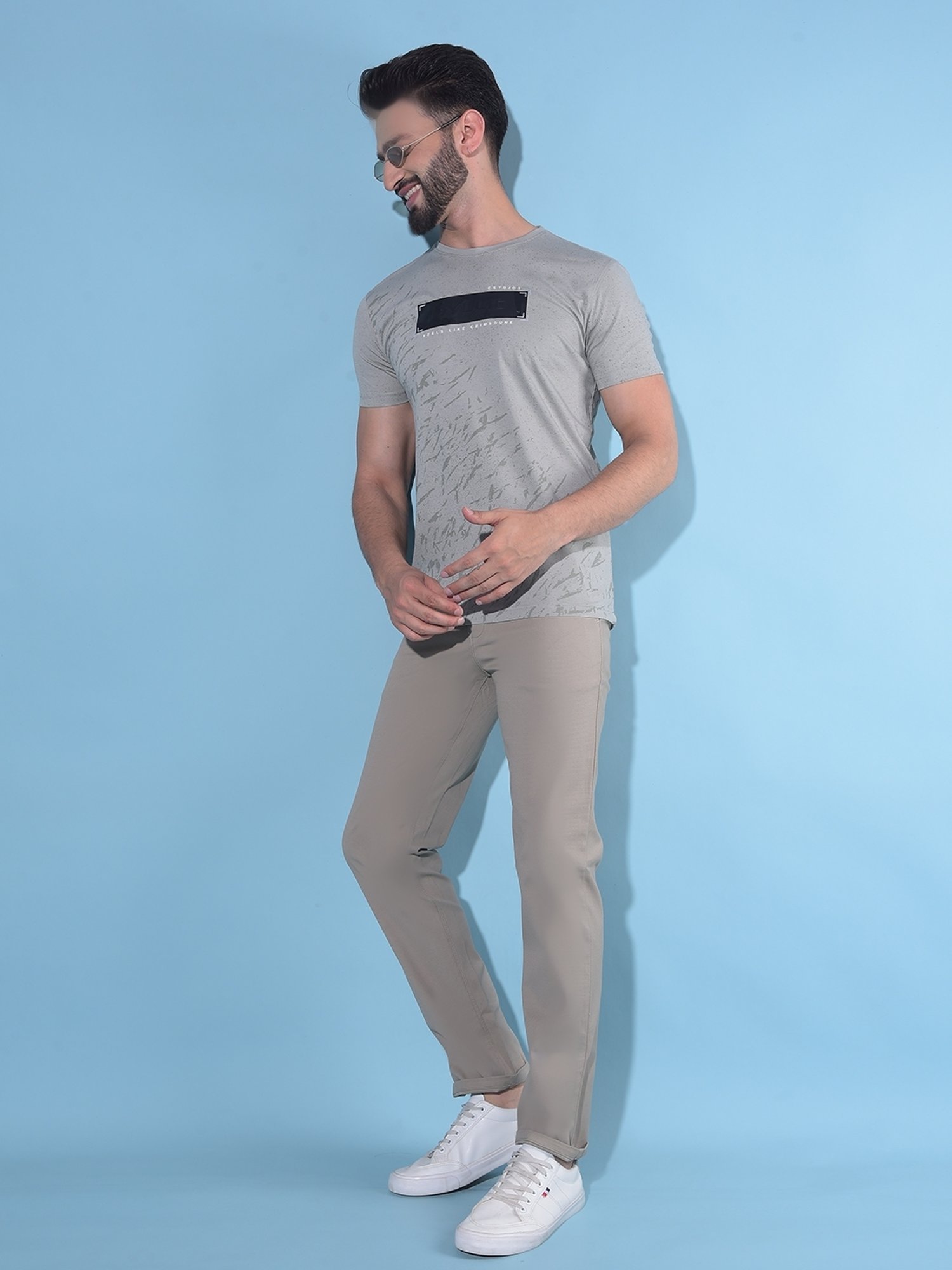 Crimsoune Club Grey Cotton Regular Fit Printed T-Shirt