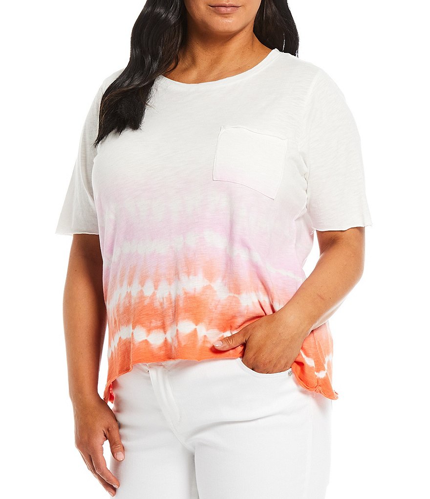 Democracy Plus Size Tie Dye Ombre Print Scoop Neck Elbow 3/4 Sleeve Sharkbite Hem Pocket Tee