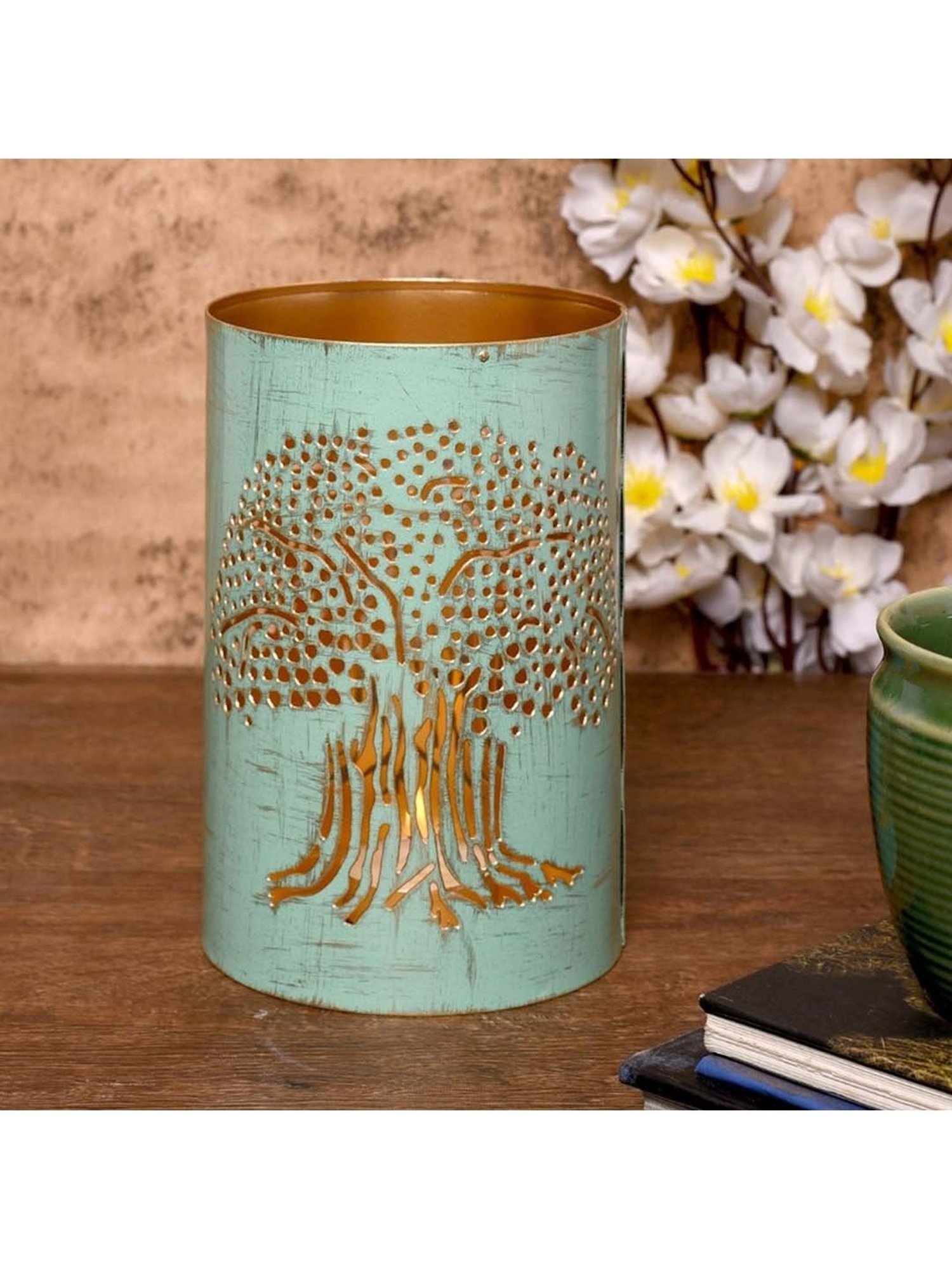 Unravel India Pastel Blue Metal Tree of Life Tea Light Holder - Set of 1