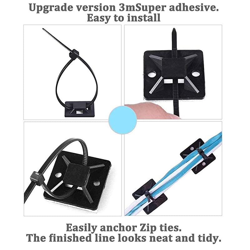 Zip Ties and Mounts,  120 Pcs 8 Inch Self-Locking Nylon Cable Ties with 120 Pcs Adhesive-Backed Mounts Screw Hole Anchor Wire Tie Base(1.1" x 1.1"), Black