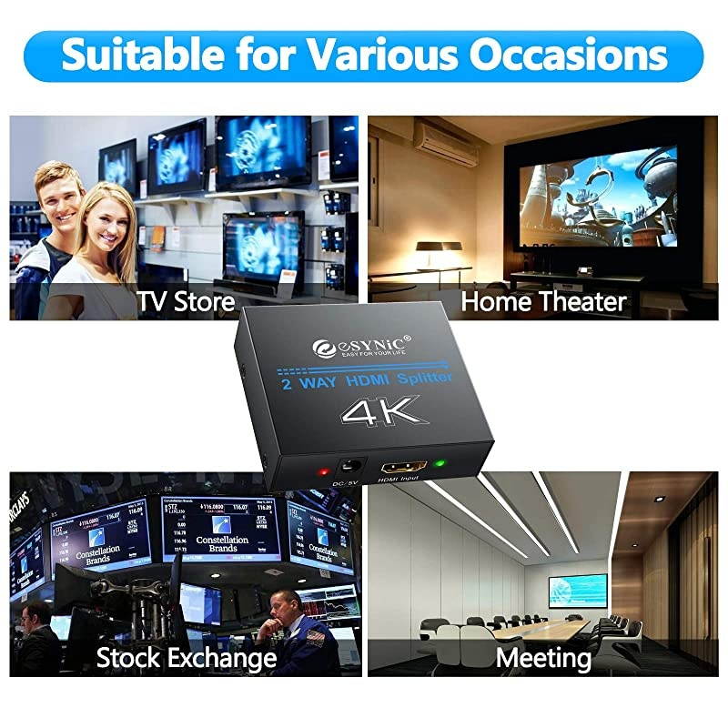 1x2 HDMI Splitter, 4K HDMI Splitter 1 in 2 Out HDMI Amplifier Adapter Aluminum Ver 1.4 HDCP with Power Adapter Supports 3D 4K@30HZ Full HD1080P for PC PS3 PS4 Blu-ray Player HDTV