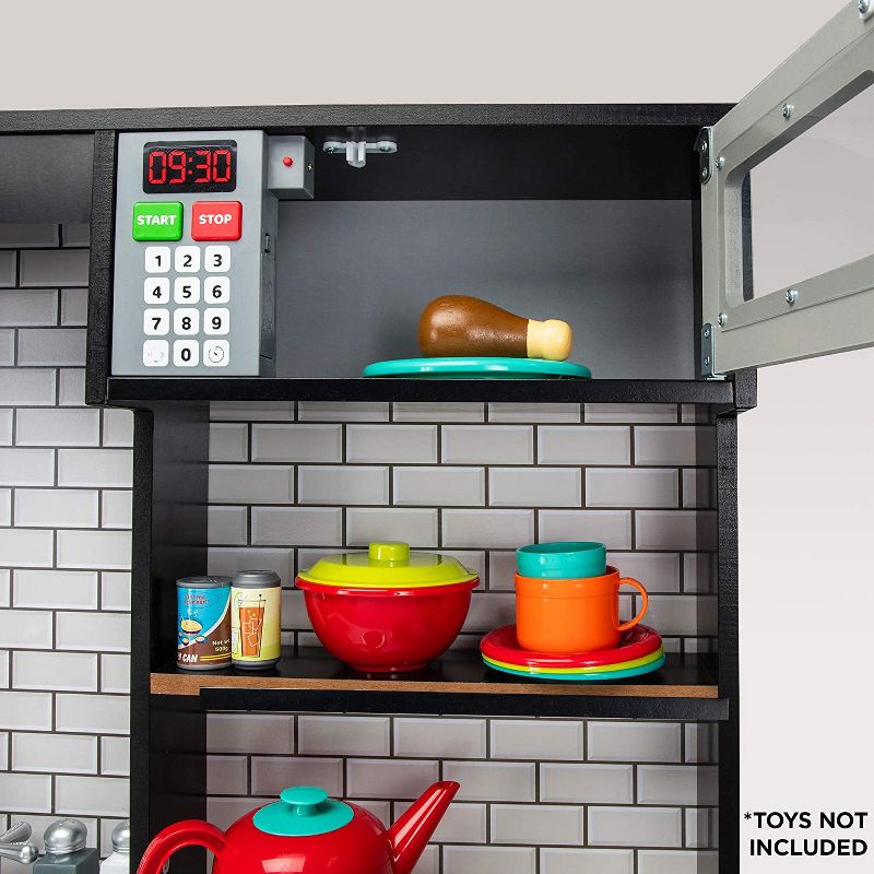 Jumbl Pretend Wooden Play Kitchen Toy Set, Realistic Design with Interactive Battery Operated Sound Elements, Microwave, Ice Machine, Chalkboard, Stovetop, Fridge, Oven, Sink & Accessories Included