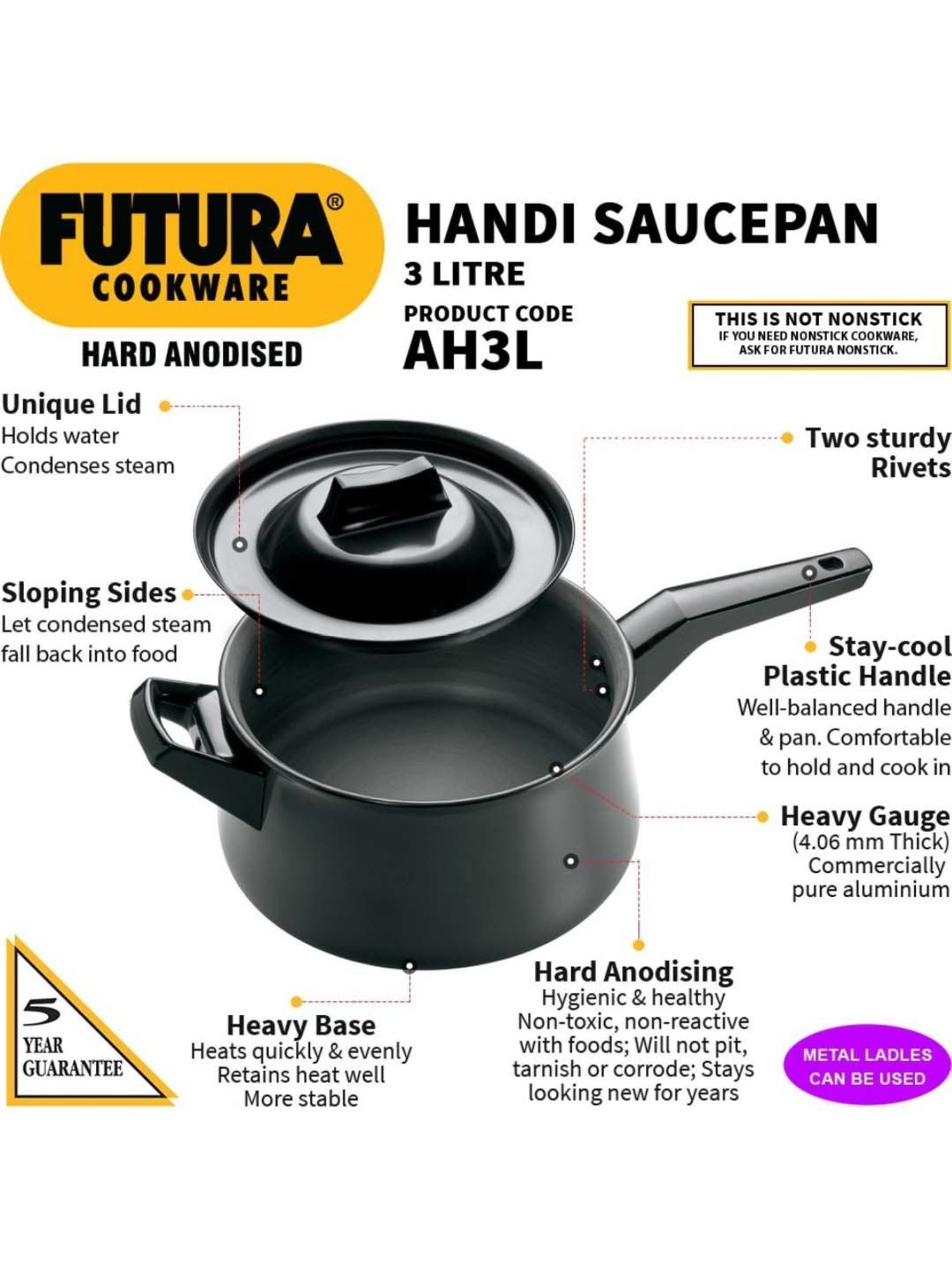 Hawkins Black Hard Anodised 21.9 cm Non-Toxic Handi Saucepan (3 L) - Set of 1
