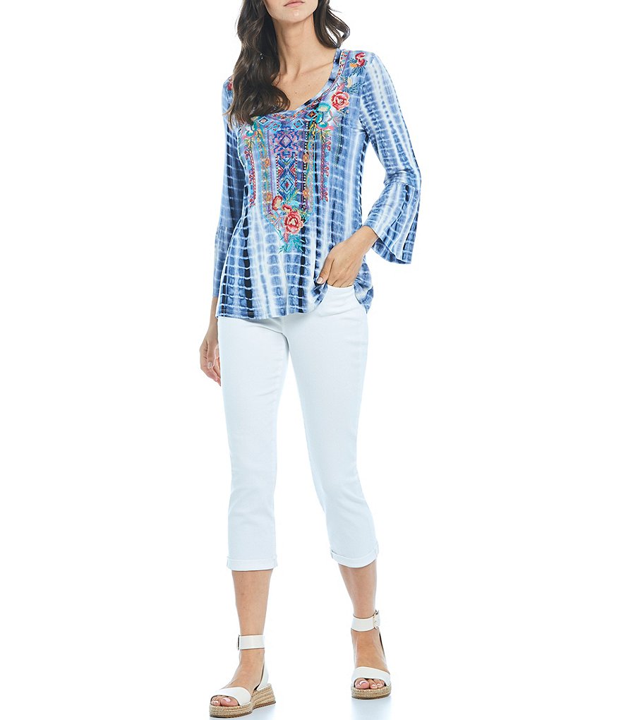 Calessa Bell Sleeve Tie-Dye V-Neck Bell Sleeve Embroidered Tunic