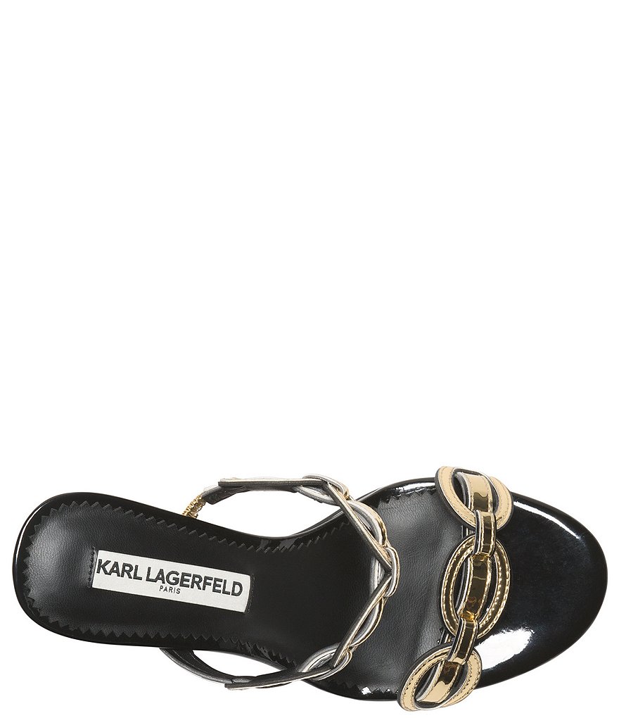 KARL LAGERFELD PARIS Dalya Patent Metallic Chain Detail Dress Slide Sandals