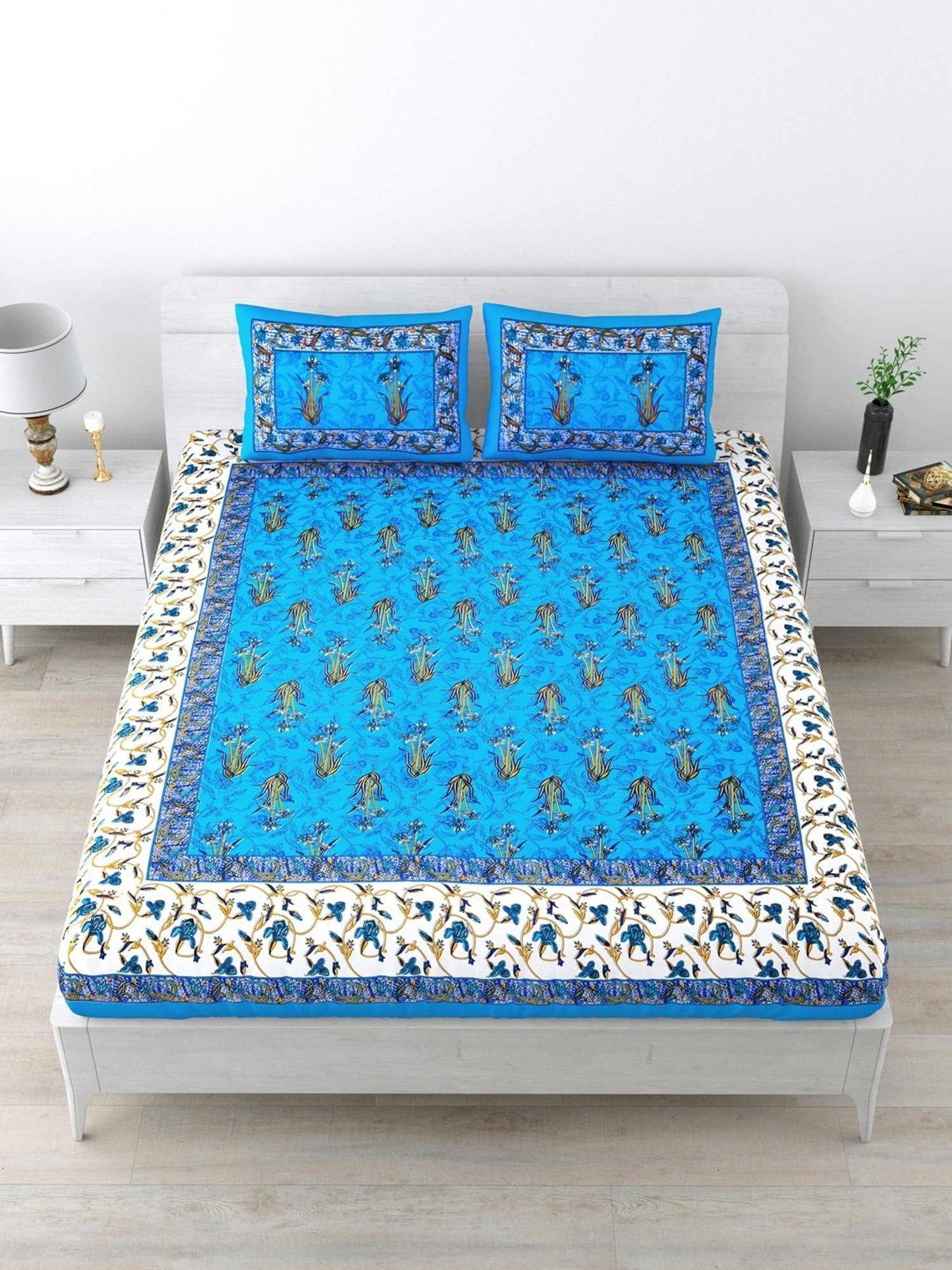 Living Roots Jaipuri Blue 210 TC Cotton Queen Bed Sheet with 2 Pillow Covers