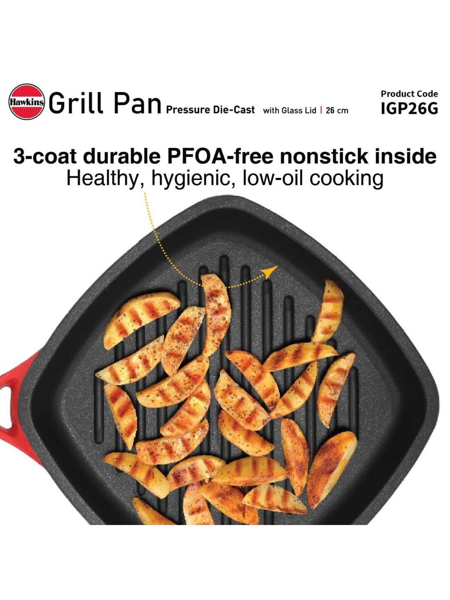 Hawkins Red Ceramic 26 cm Die Cast Square Grilling Pan With Glass Lid (Igp26G) (1.18 L)