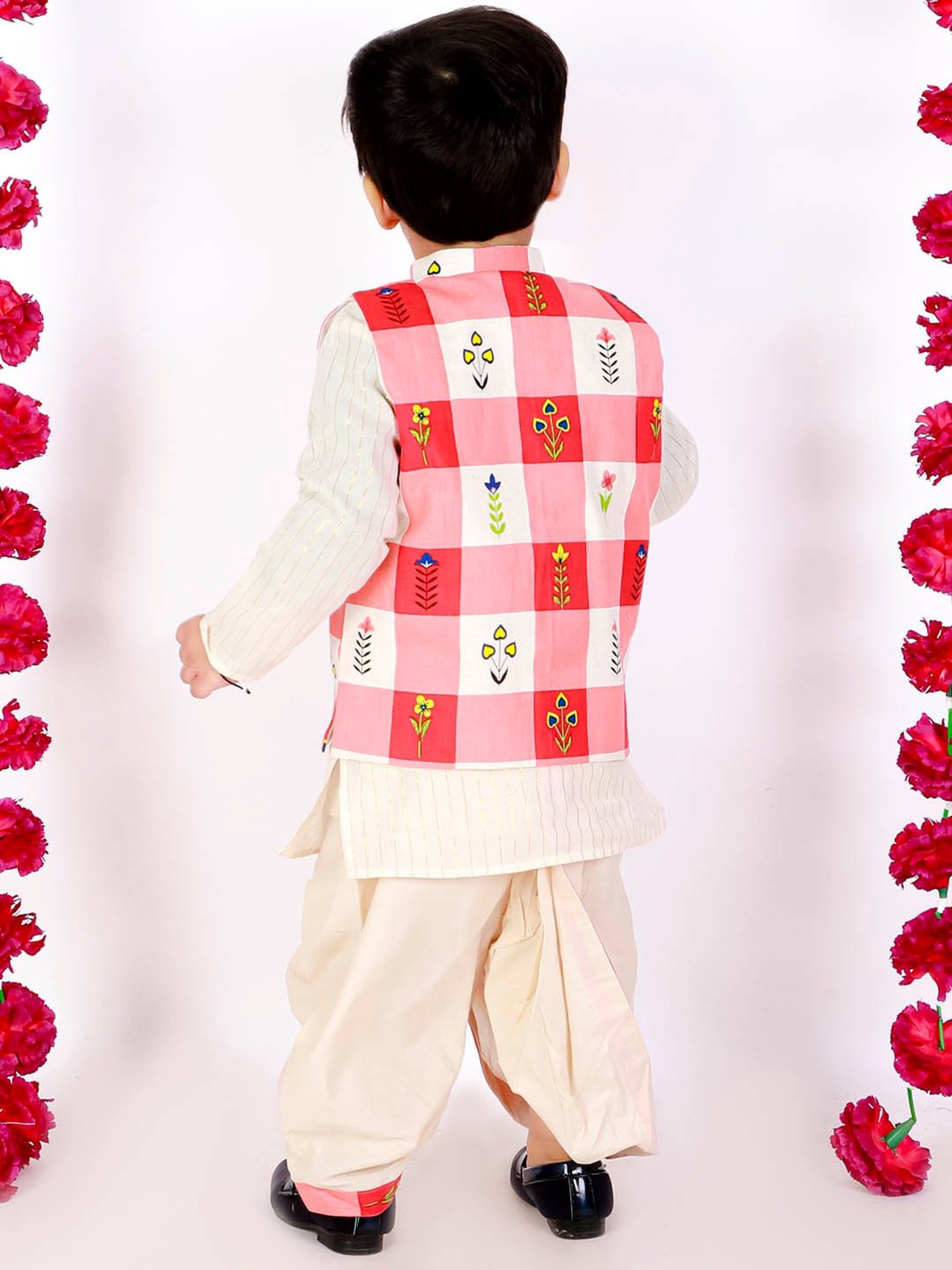 Little Bansi Kids Cream & Red Printed Kurta, Dhotis with Jacket