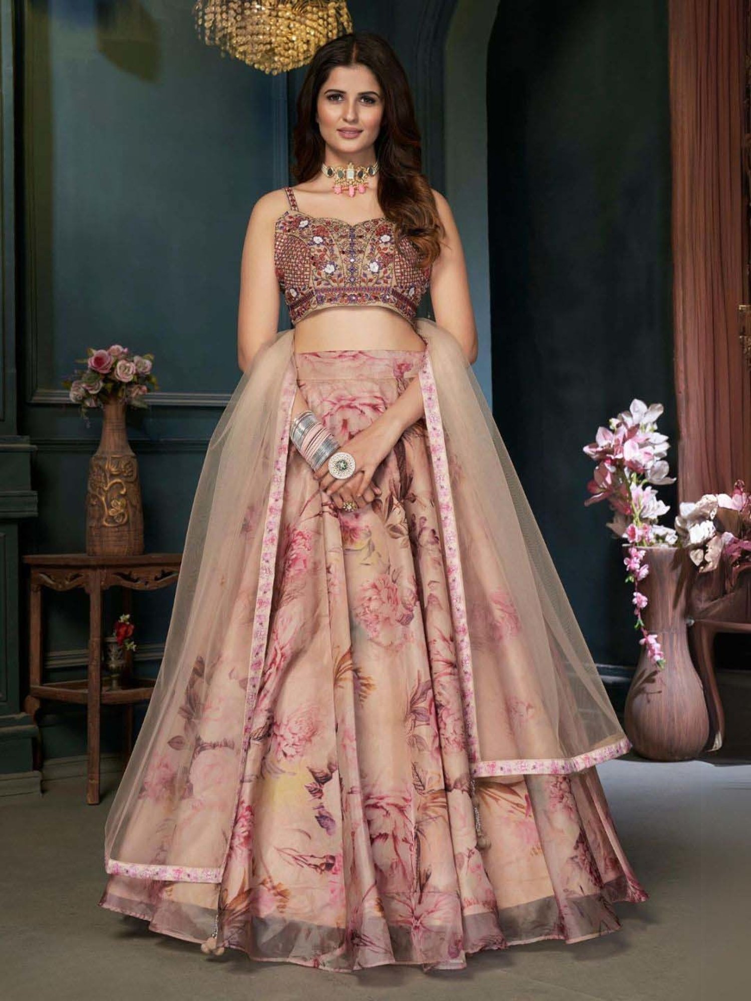 Odette Beige Printed Lehenga Choli Set With Dupatta