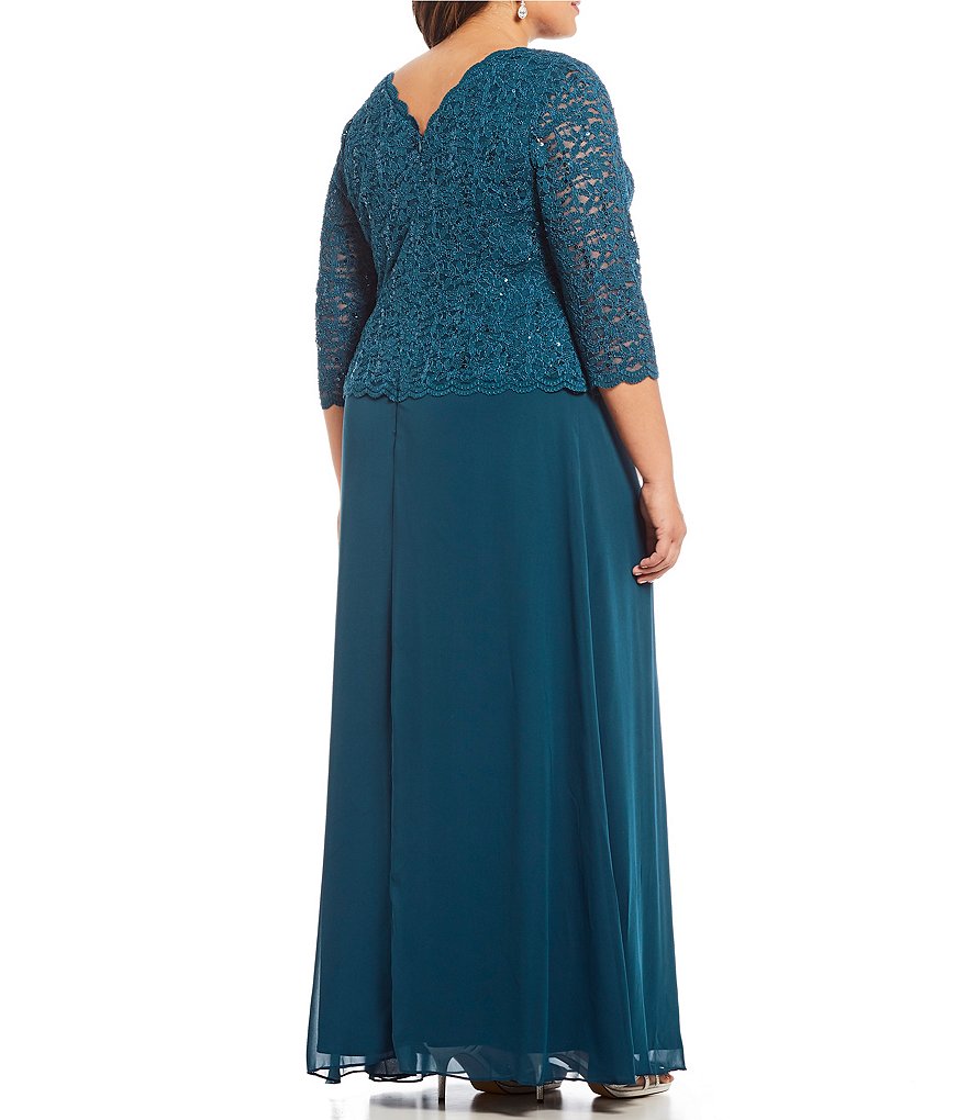 Alex Evenings Plus Size Boat Neck 3/4 Sleeve Sequin Lace Scalloped Hem Bodice Chiffon Skirted Dress