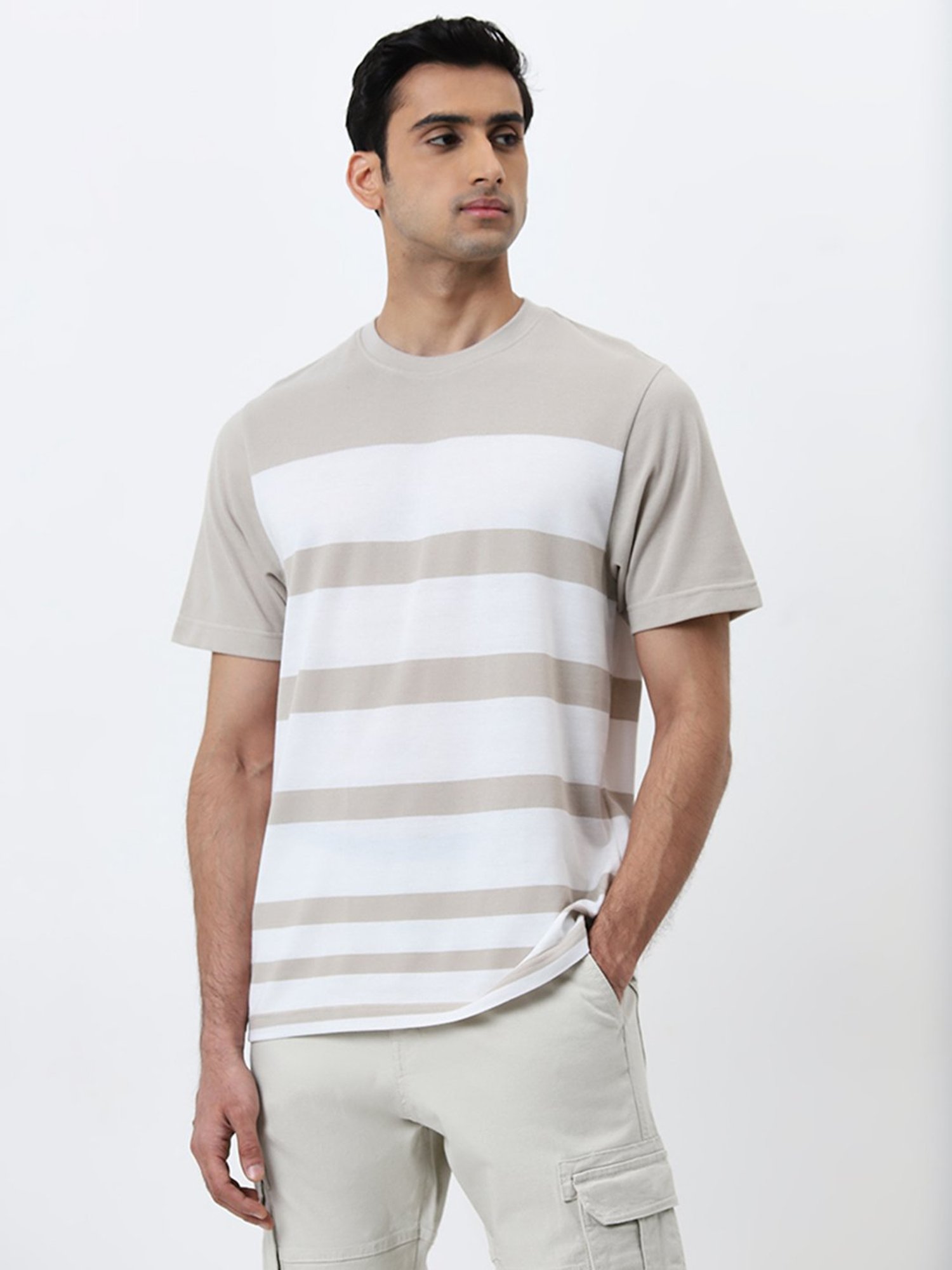 WES Lounge by Westside Beige Striped Slim-Fit T-Shirt