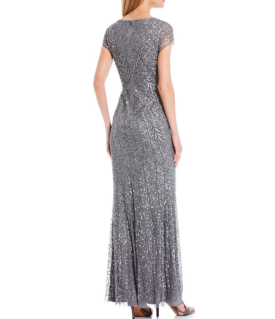 Adrianna Papell V-Neck Cap Sleeve Beaded Mermaid Gown