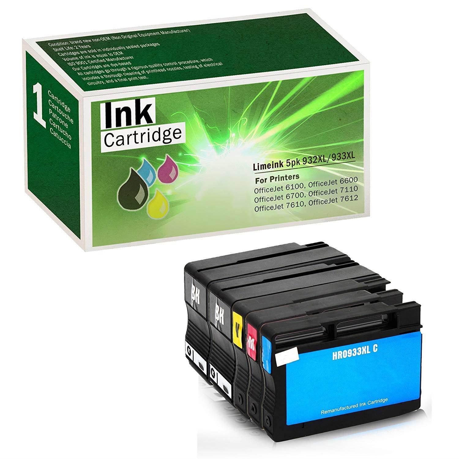 Limeink Compatible Ink Cartridge Replacements 932XL & 933XL High Yield (2 Black / 1 Cyan / 1 Yellow / 1 Magenta, 5 Pack)