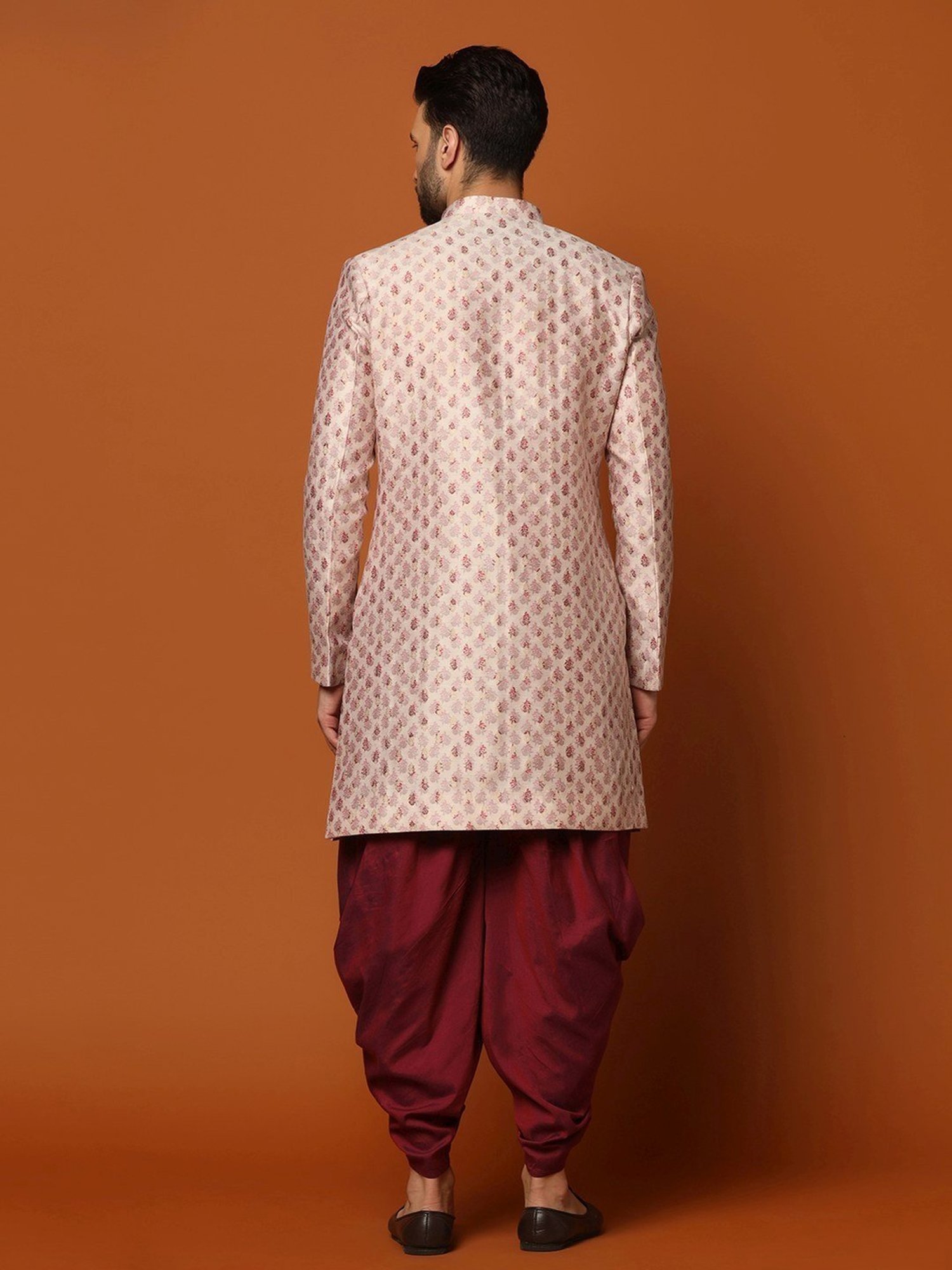 Hangup Plus Beige & Black Regular Fit Printed Sherwani Set