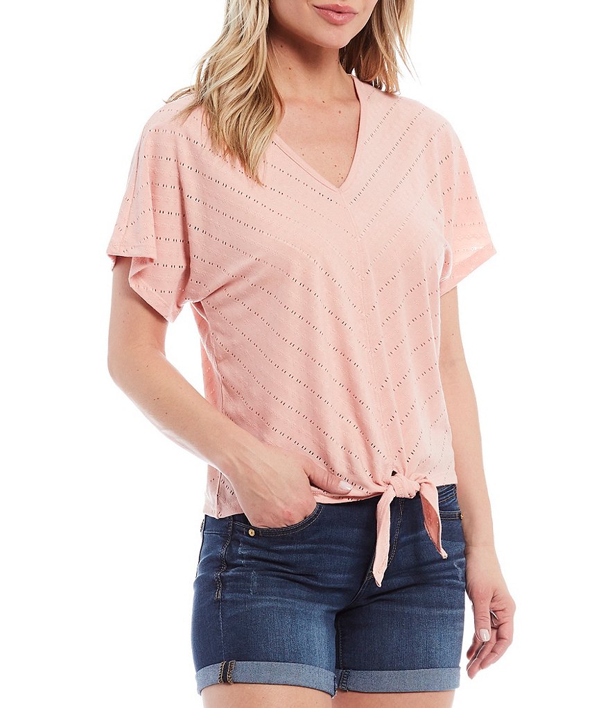 Democracy Mitered Stripe V-Neck Kimono Sleeve Tie Front Hem Knit Top