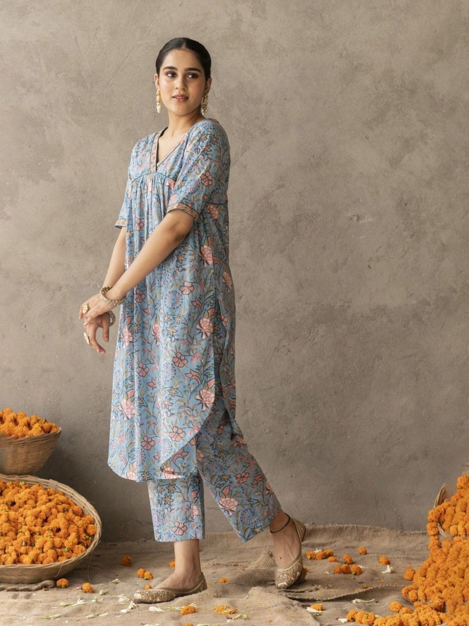 Akiso Reet Blue Block Printed A Line Kurta With Hand Embroidery Details