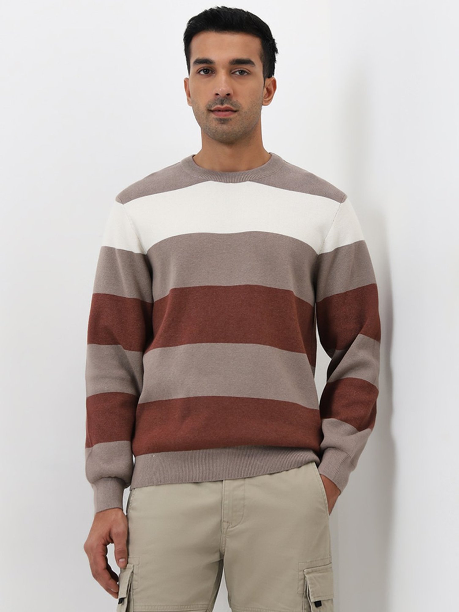 WES Casuals by Westside Rust Colour-Blocked Slim-Fit Sweater