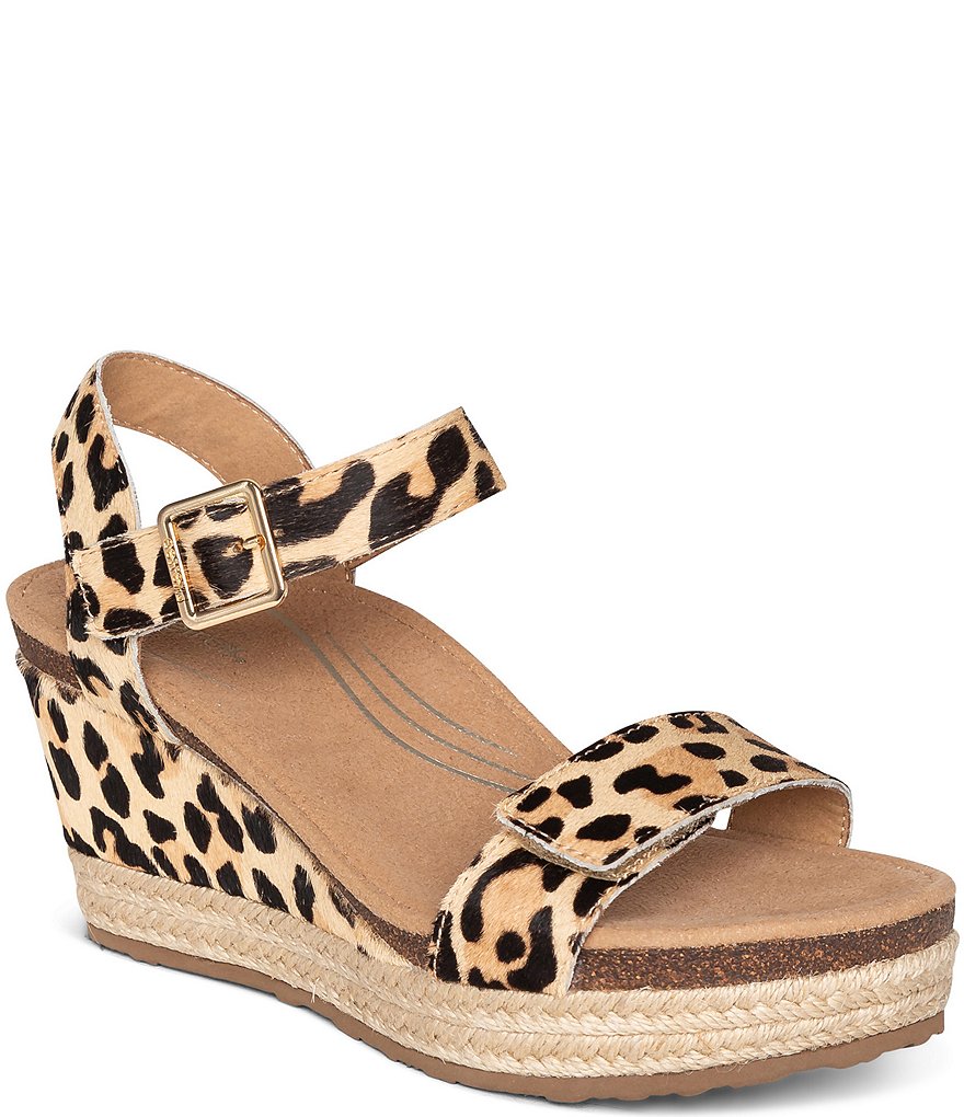 Aetrex Sydney Leopard Print Haircalf Wedge Espadrille Sandals