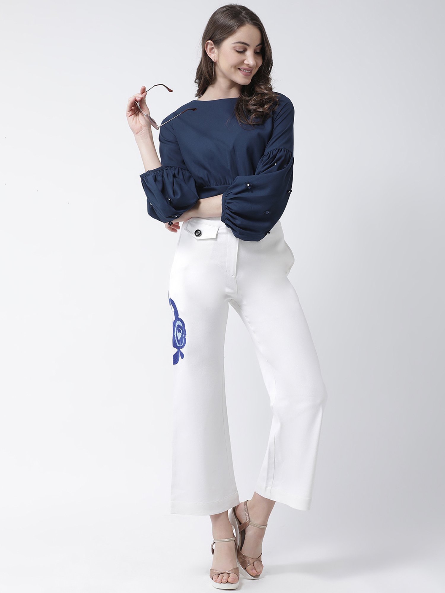 KASSUALLY Navy Embellished Crop Top