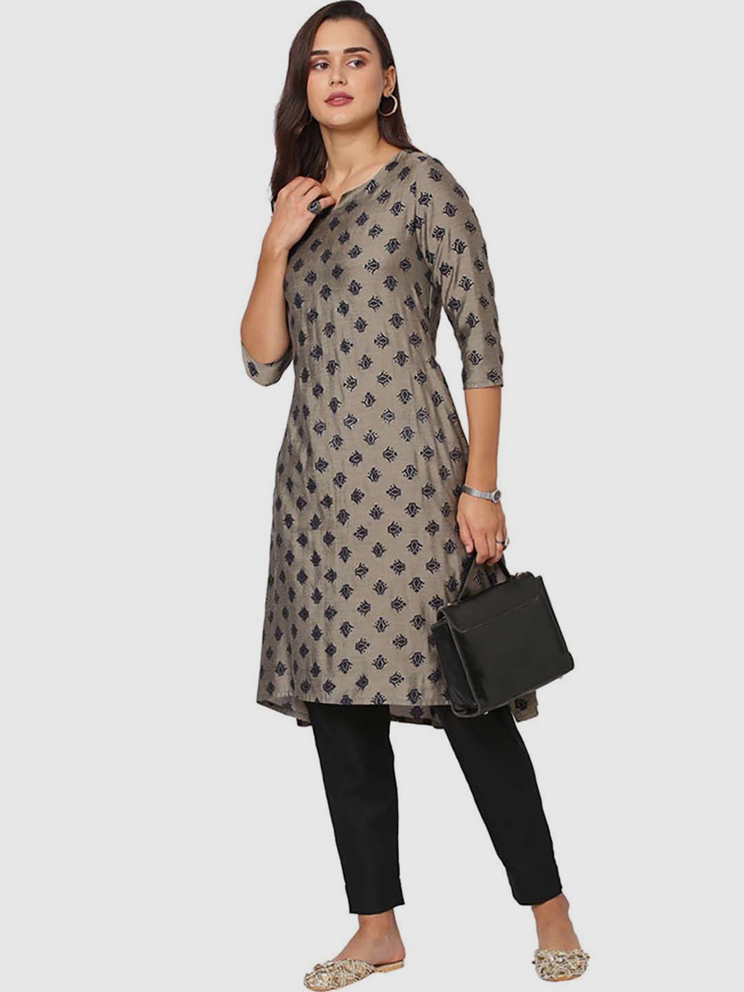 Fusion Beats Grey Printed A Line Kurta