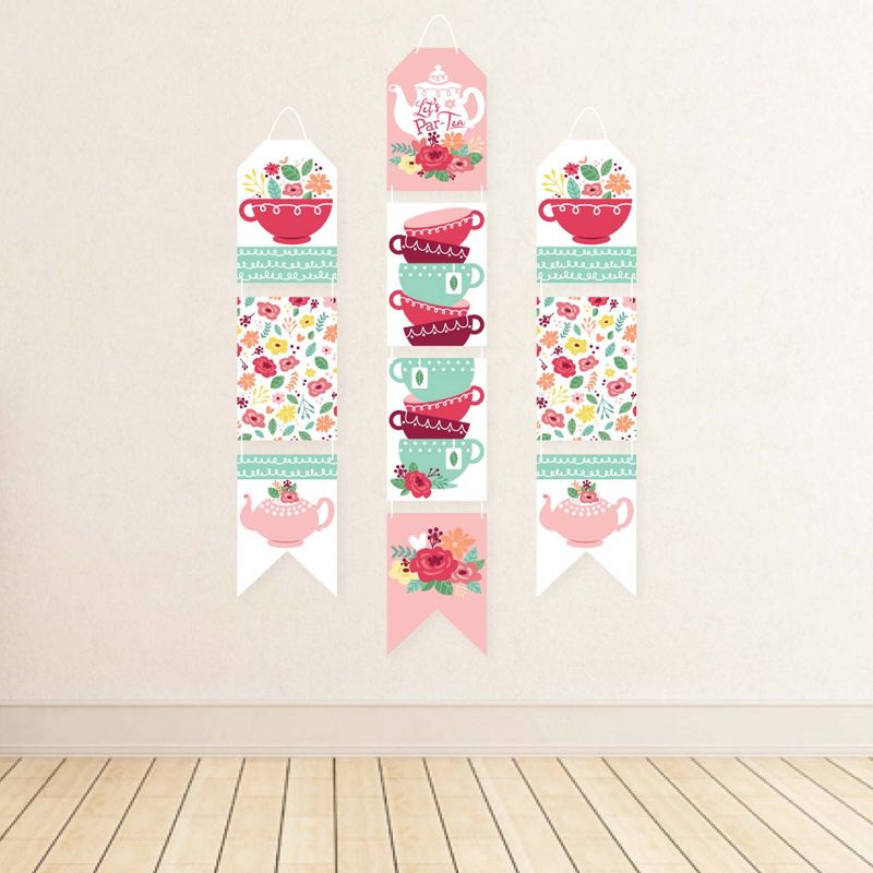 Big Dot of Happiness Floral Let's Par-Tea - Hanging Vertical Paper Door Banners - Garden Tea Party Wall Decoration Kit - Indoor Door Decor