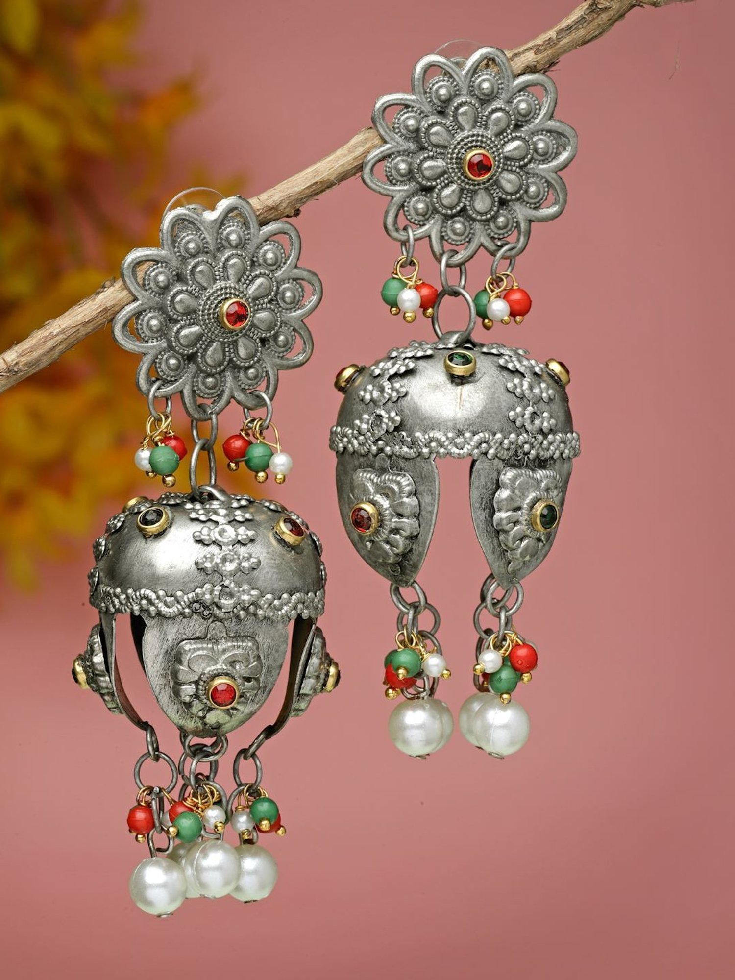 Moedbuille Stones and Pearls Tasselled Design Filigree Work Oxidised Silver Plated Earrings