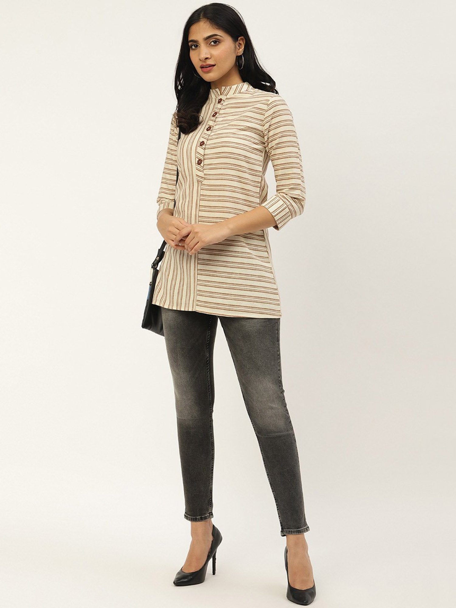 Cottinfab Beige Striped Cotton Top