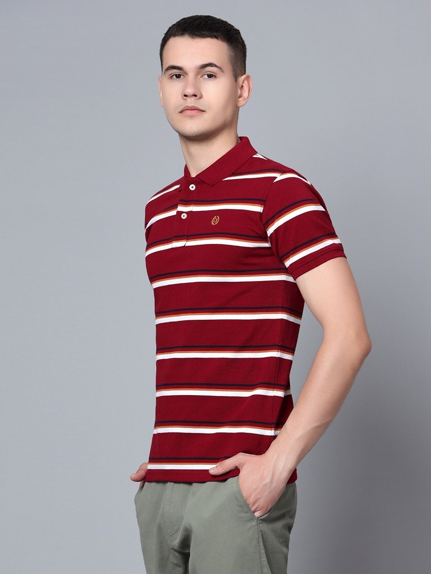 Cantabil Maroon Cotton Regular Fit Striped Polo T-Shirt