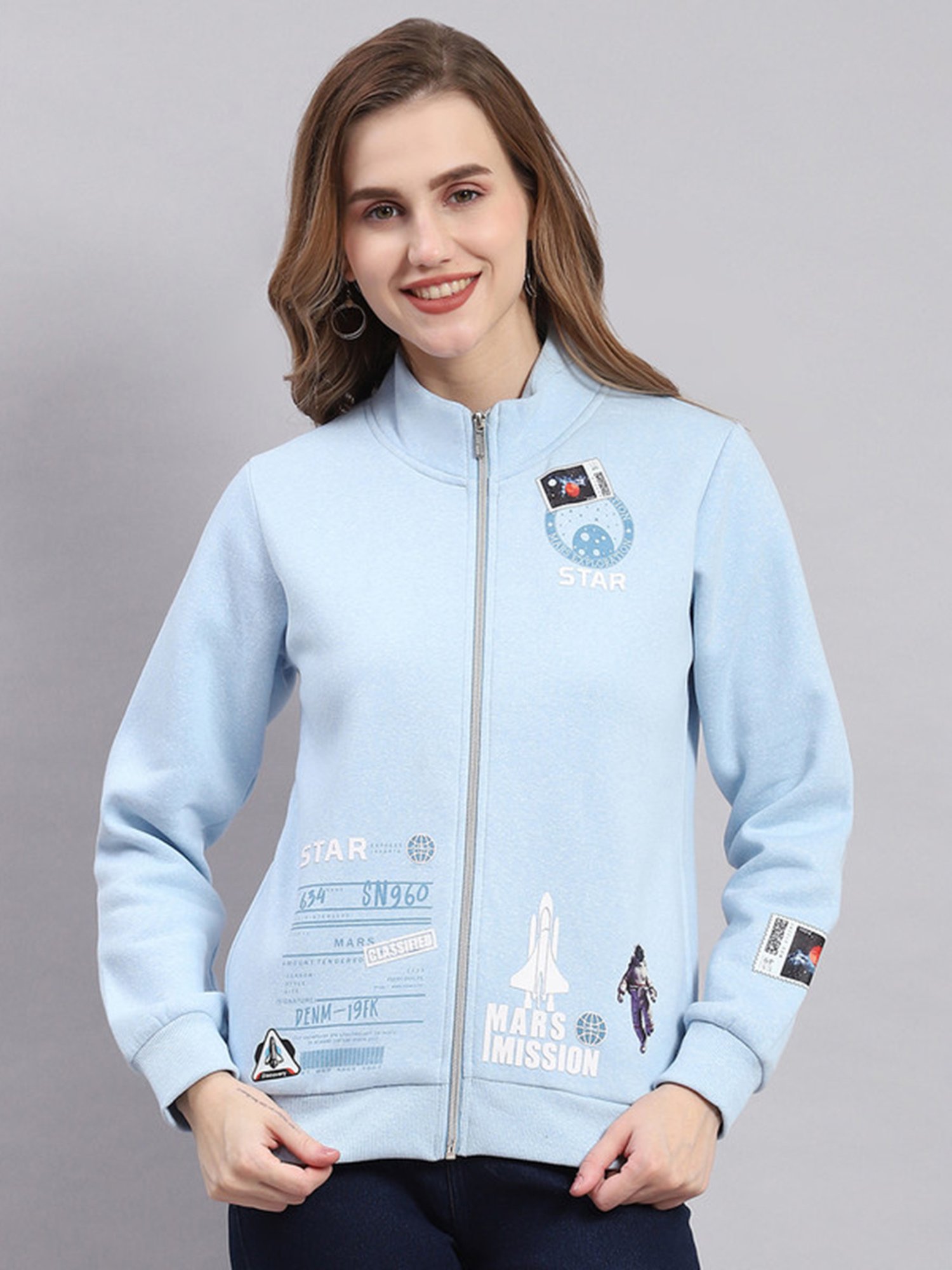 Monte Carlo Sky Blue Printed Front-Open Sweatshirt