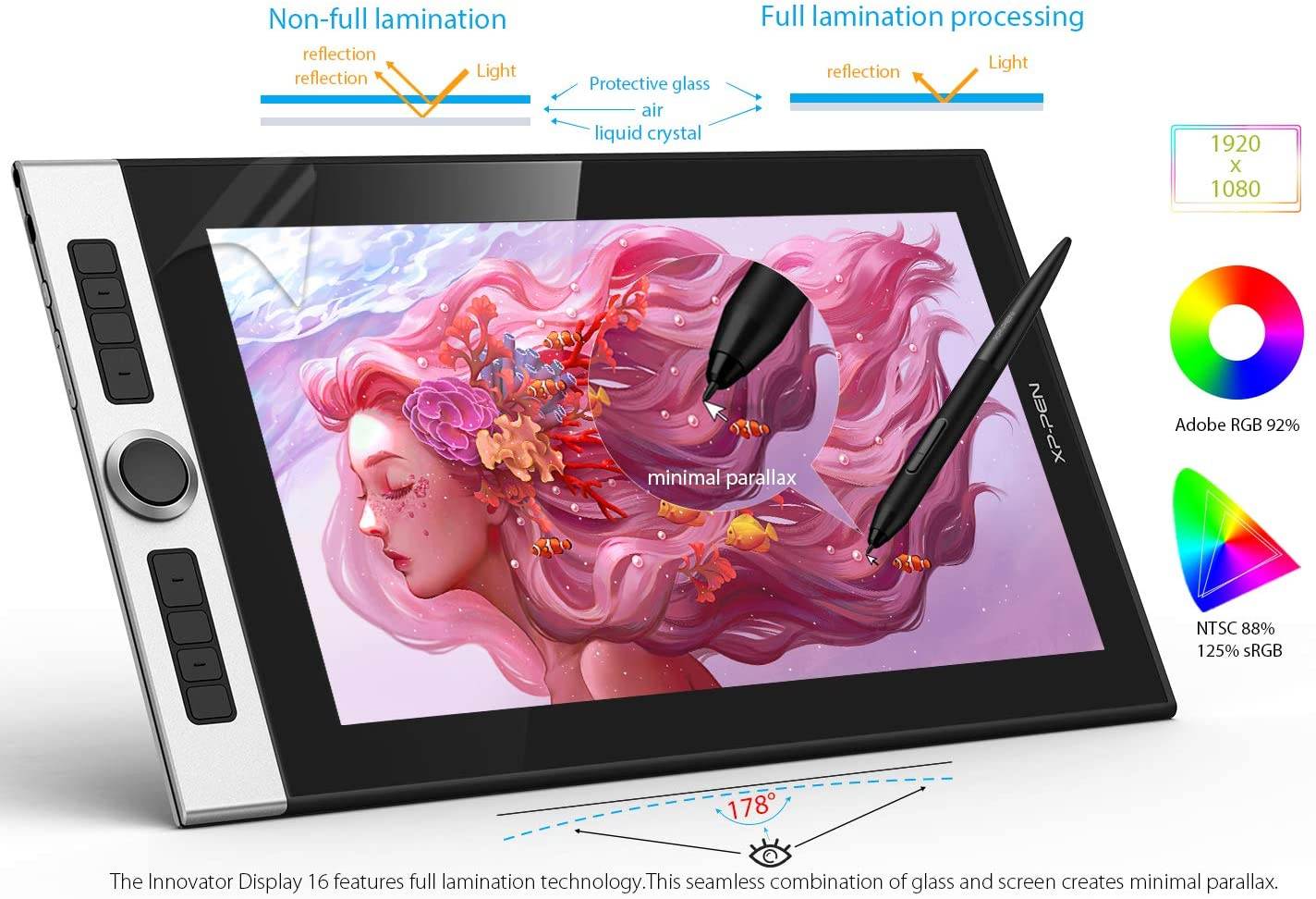 XP-PEN Innovator 16 Pen Display 15.6 Inch Drawing Monitor Full-Laminated Technology Graphics Monitor with Tilt Support Passive Pen and 8 Customizable Shortcut Keys(Supports 92% Adobe RGB Color Gamut)