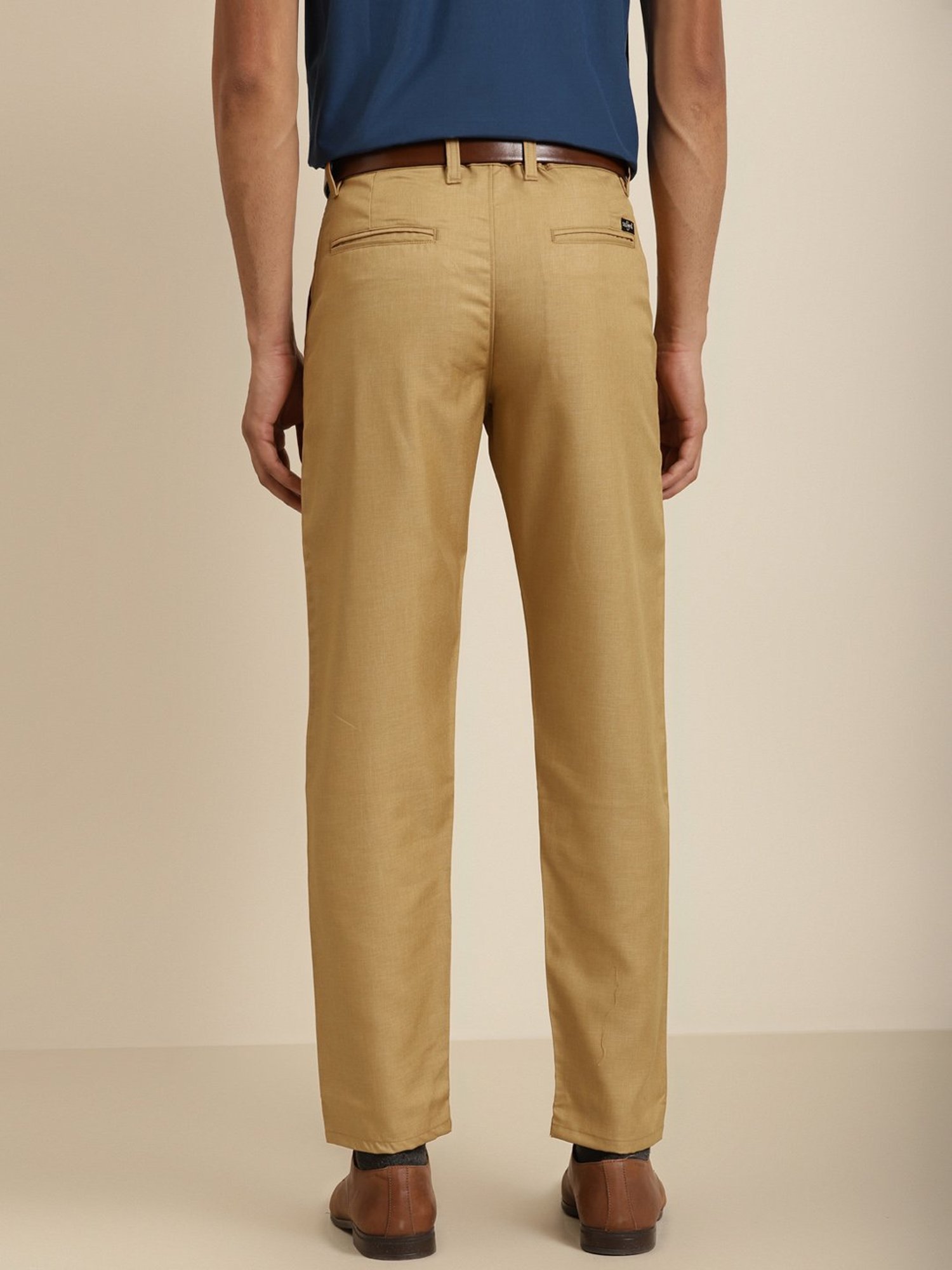 Sojanya Khaki Cotton Regular Slim Fit Flat Front Trousers