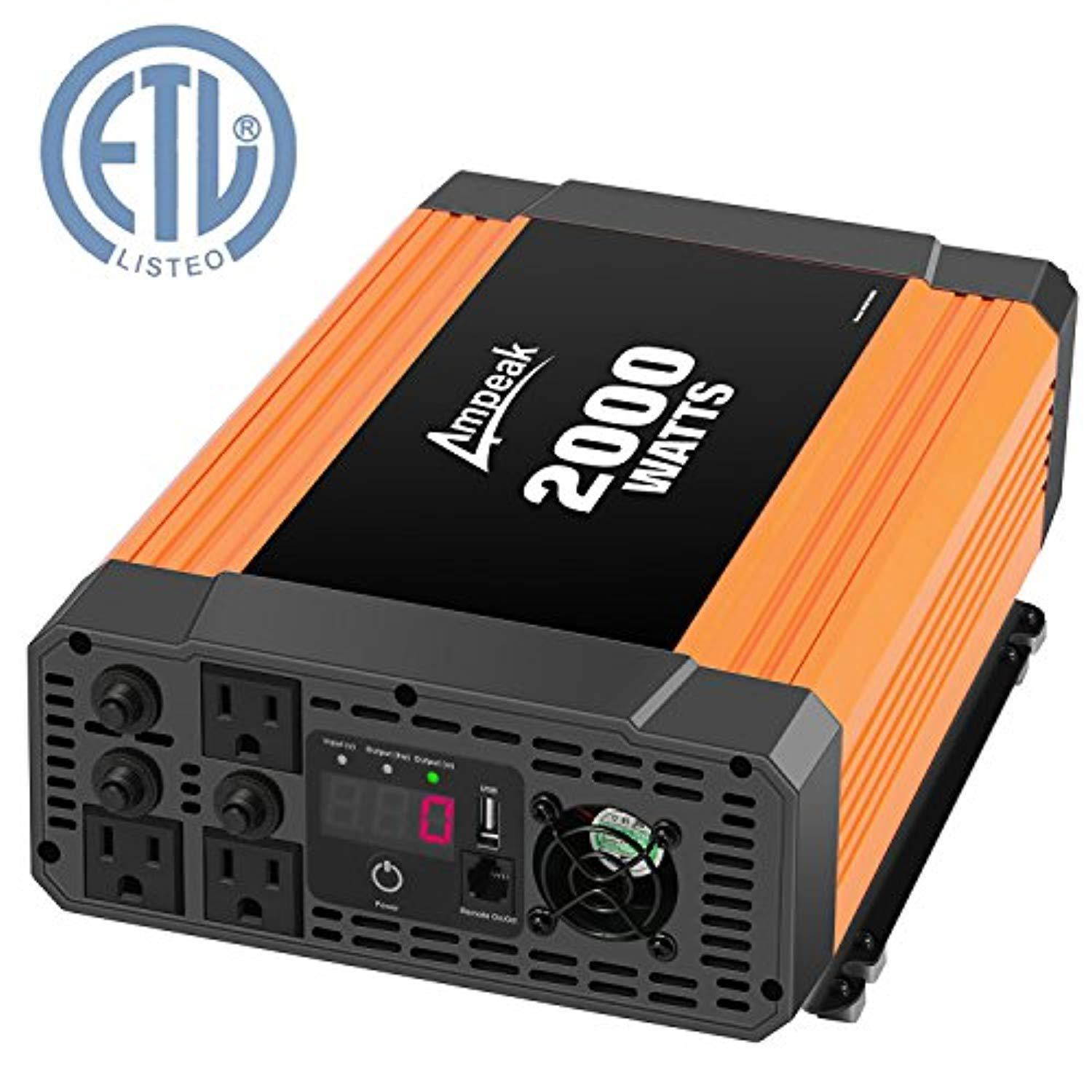 ampeak 2000w power inverter 12v dc to 110v ac car converter 3 ac outlets 2.1a usb inverter
