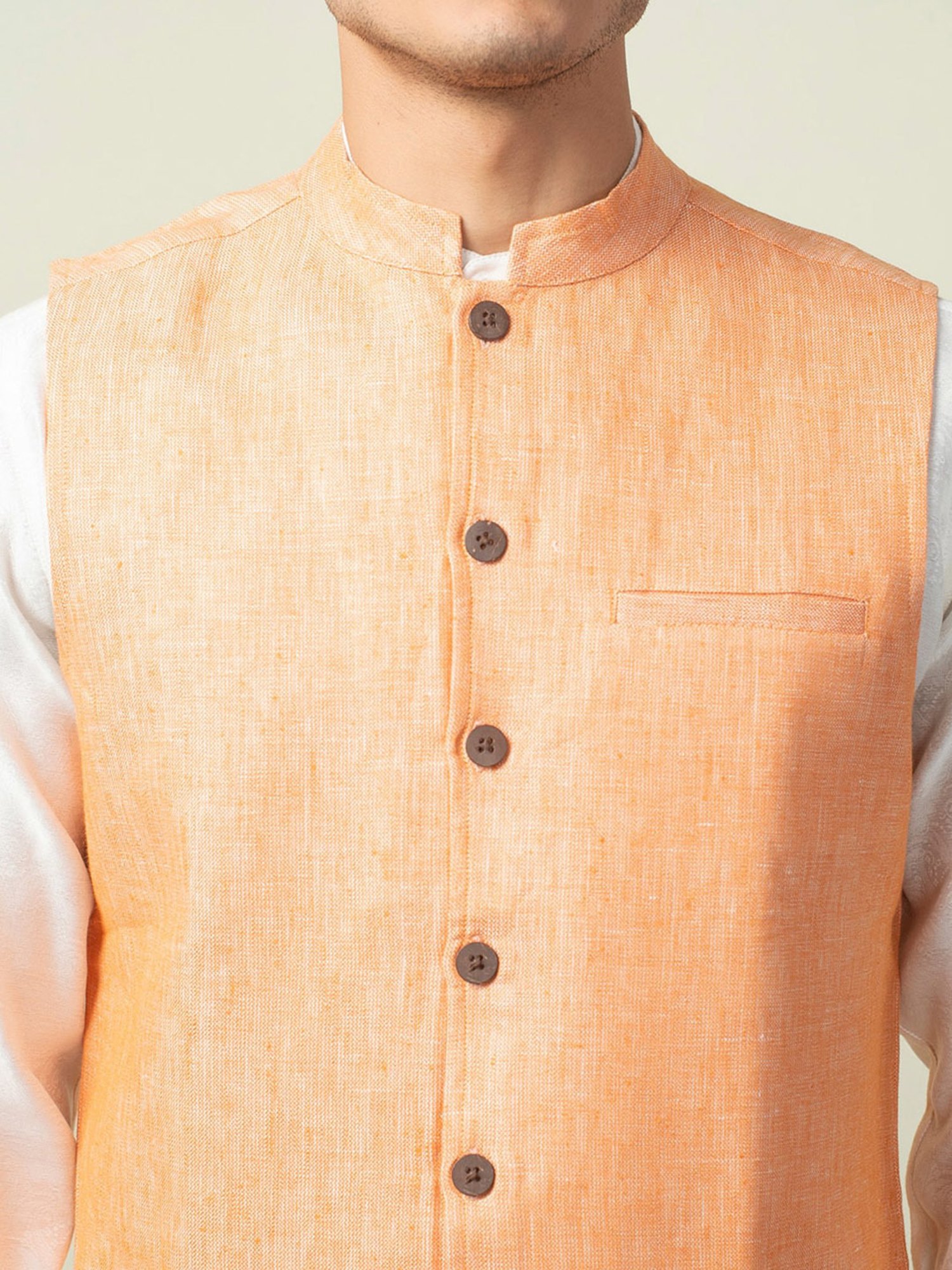 Fabindia Orange Regular Fit Printed Linen Nehru Jacket