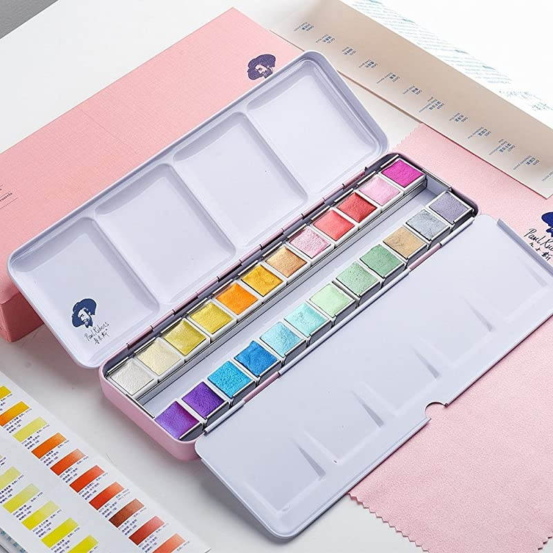 Artist Watercolor Paints-Metallic Glitter Solid Colors-Pink Portable Metal Case with Palette-24 Color Set Sparkle Watercolor
