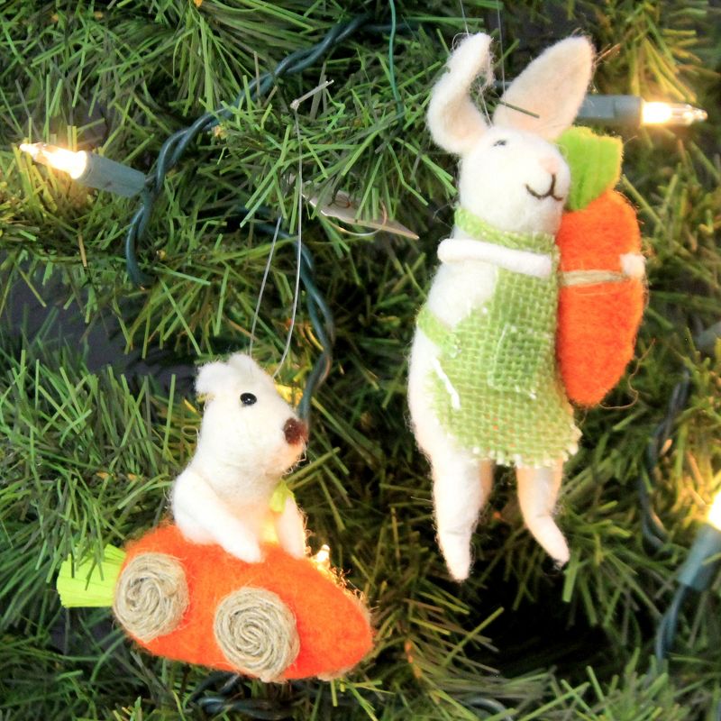 Holiday Ornament 5.5" Cream Spring Bunnies Carrot Go Cart  -  Ornament Sets