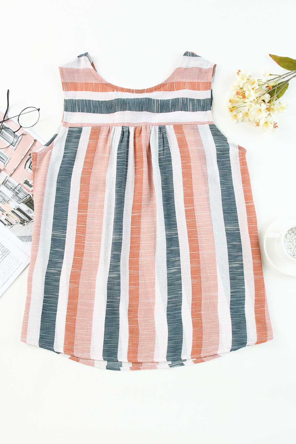 Multicolor Striped Print Split V Neck Sleeveless Shirt