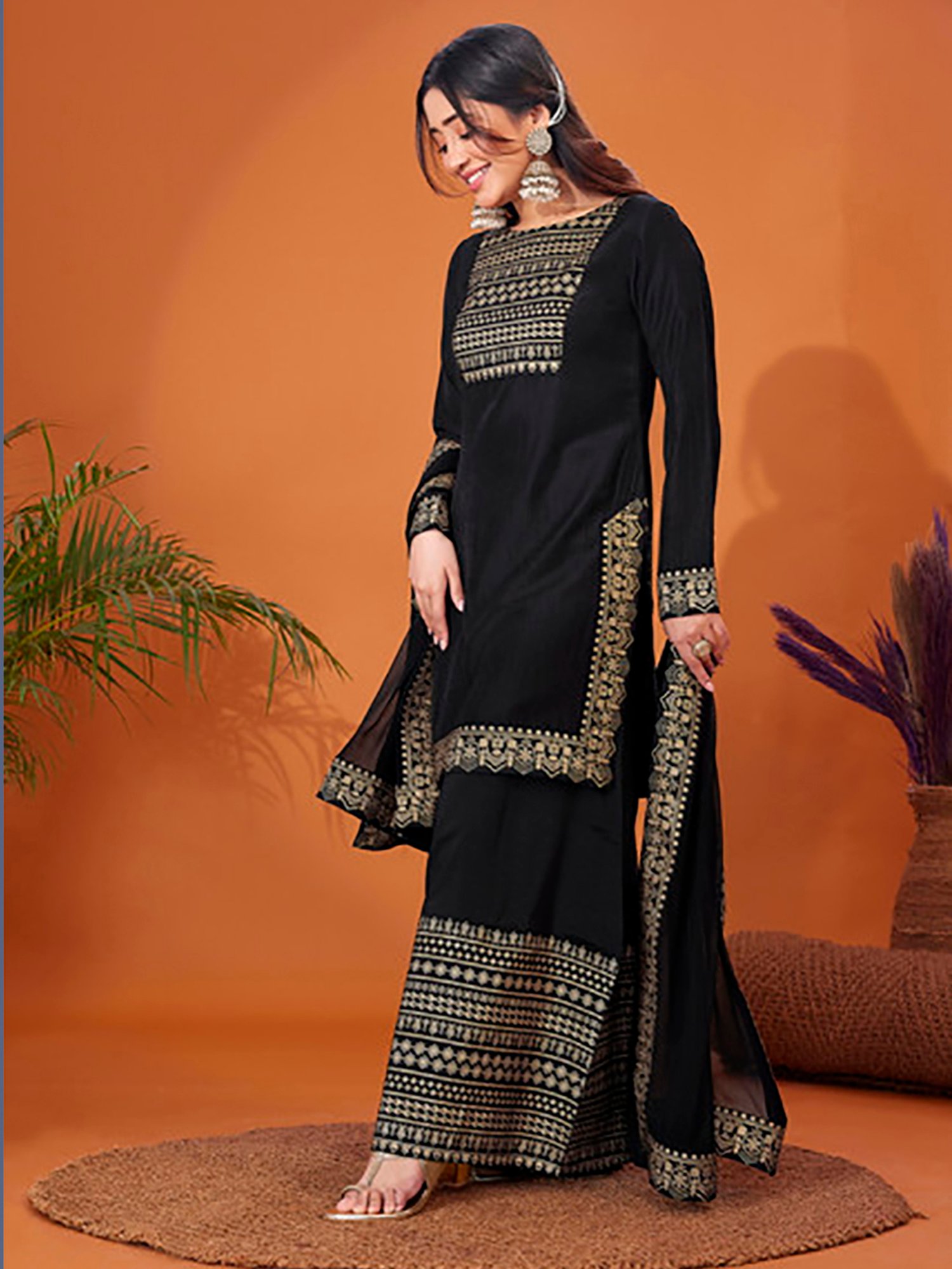 Skylee Black Printed Kurta With Palazzo & Dupatta