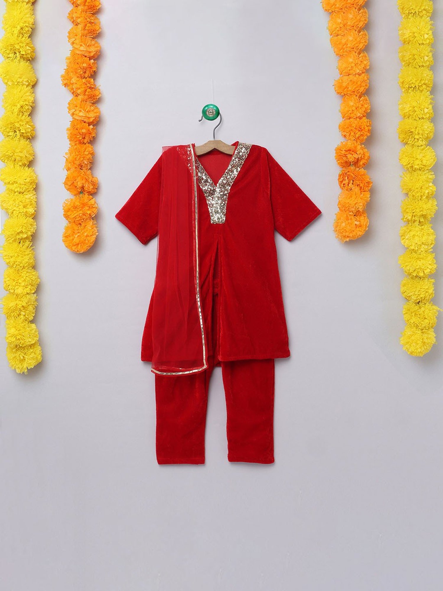 Many Frocks Kids Red Embellished Kurti with Pyjamas and Dupatta