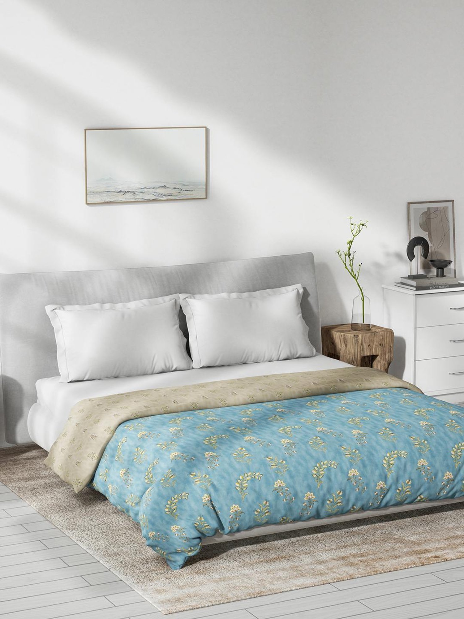 DDecor Floral Blue 150 TC Cotton Queen Reversible Dohar