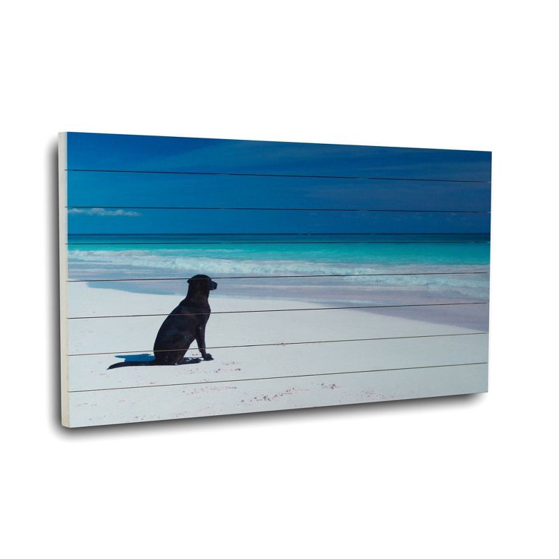 24" x 36" Dog on Beach Print on Planked Wood Wall Sign Panel Blue - Gallery 57