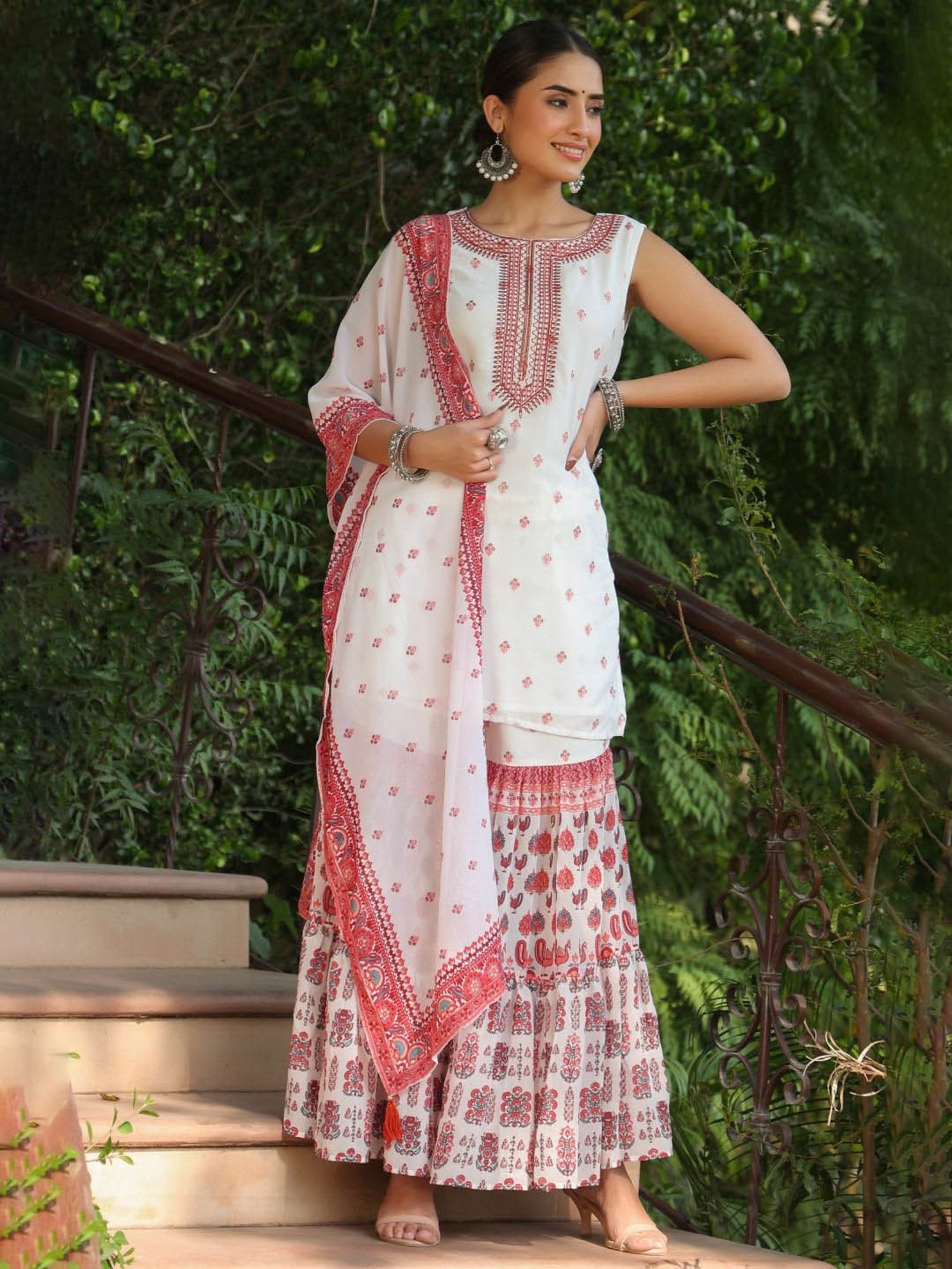 Juniper Maroon Ethnic Motif Print Georgette Kurta Sharara & Dupatta Set With Thread Work Embroidery