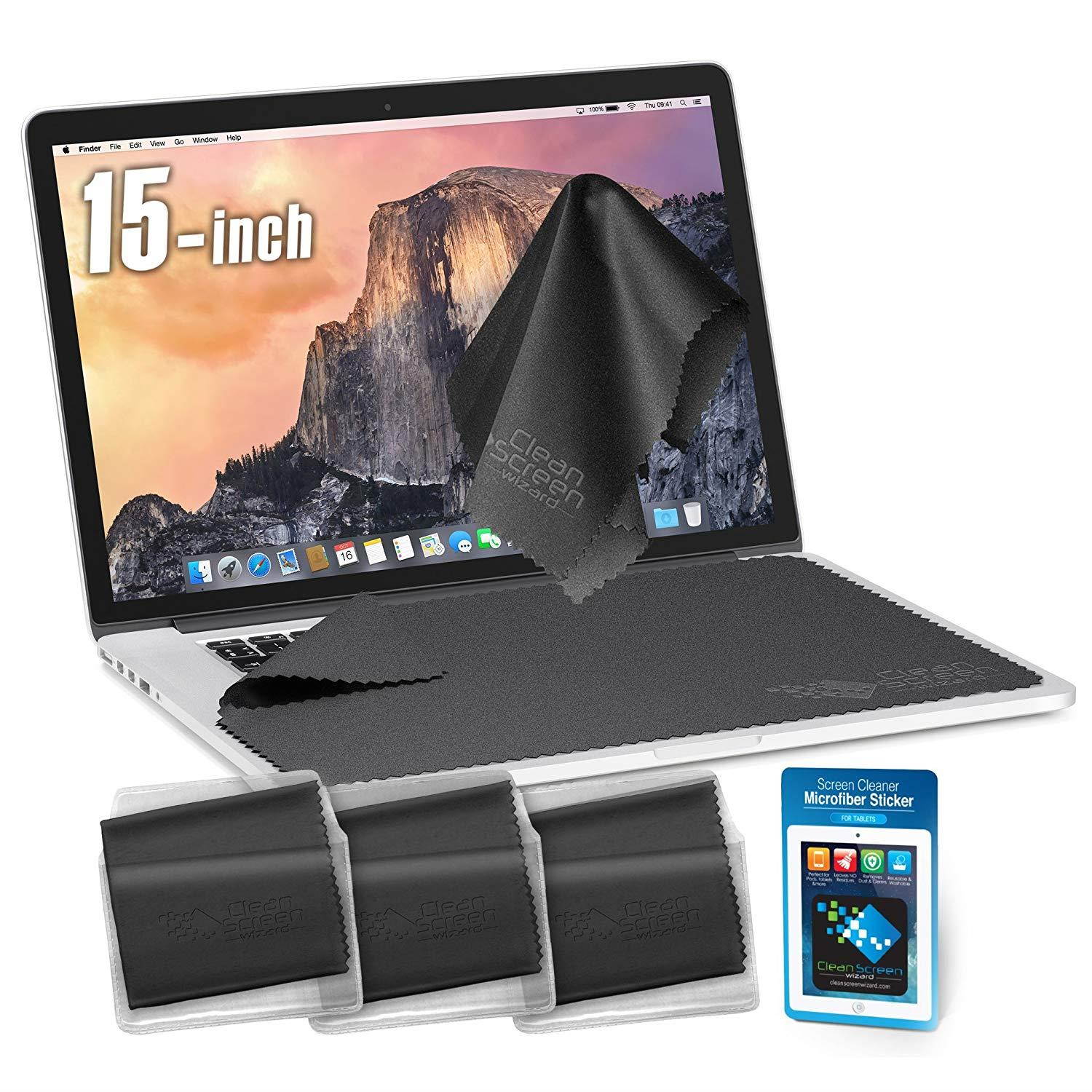 Clean Screen Wizard Microfiber Screen Keyboard Cleaner and Screen Keyboard Protector- 4 Pack (3 X-Large Cloths/Keyboard Covers & Microfiber Sticker for MacBook Pro 15, Laptops 15" Screen