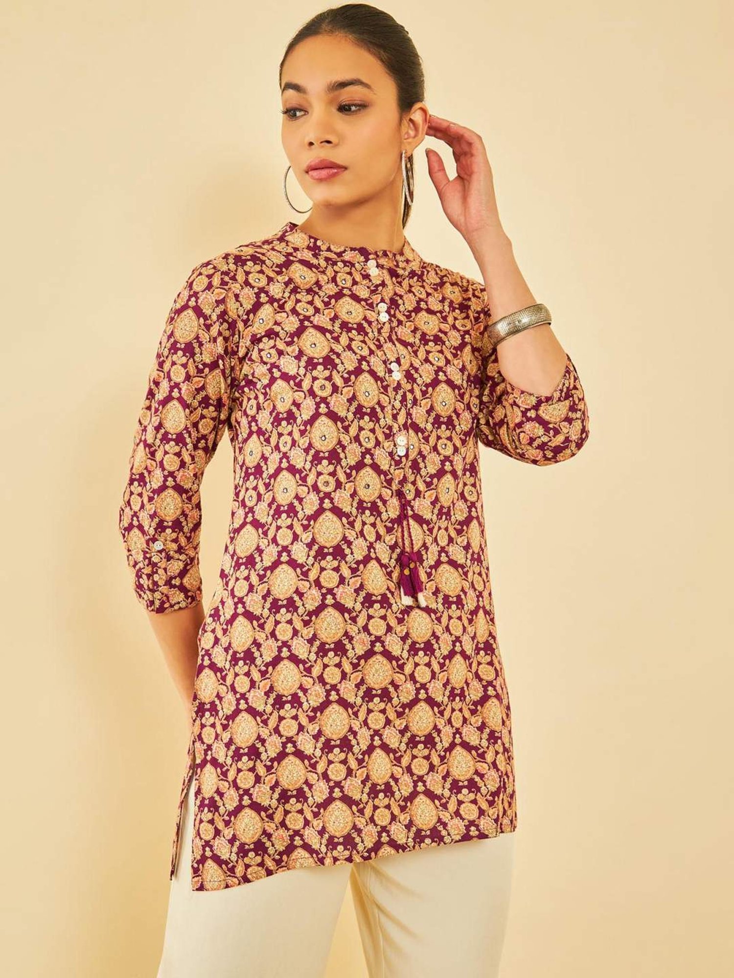 Soch Womens Wine Rayon Floral Printed Tunic With Faux Mirror & Tassels