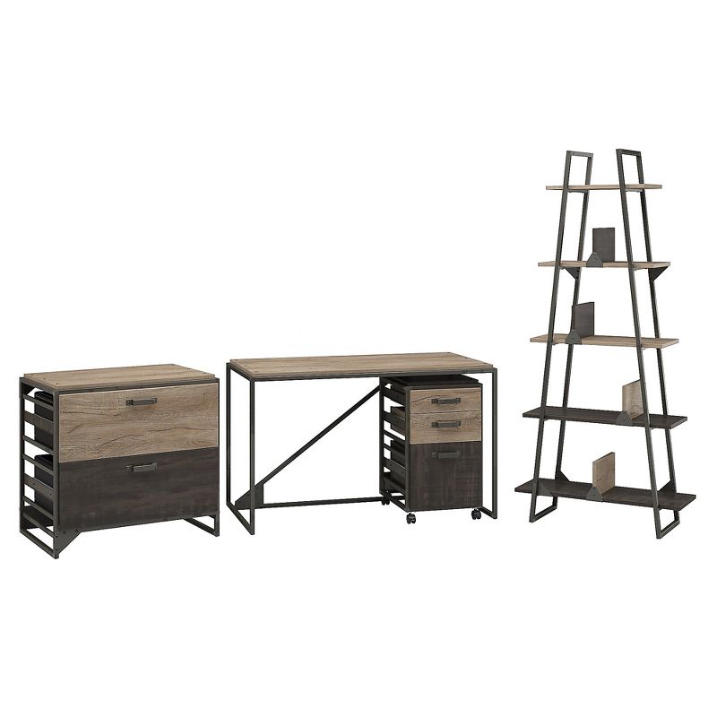 Bush Furniture 50W Industrial Desk w/A Frame Bookshelf and File Cabinets Gray RFY002RG
