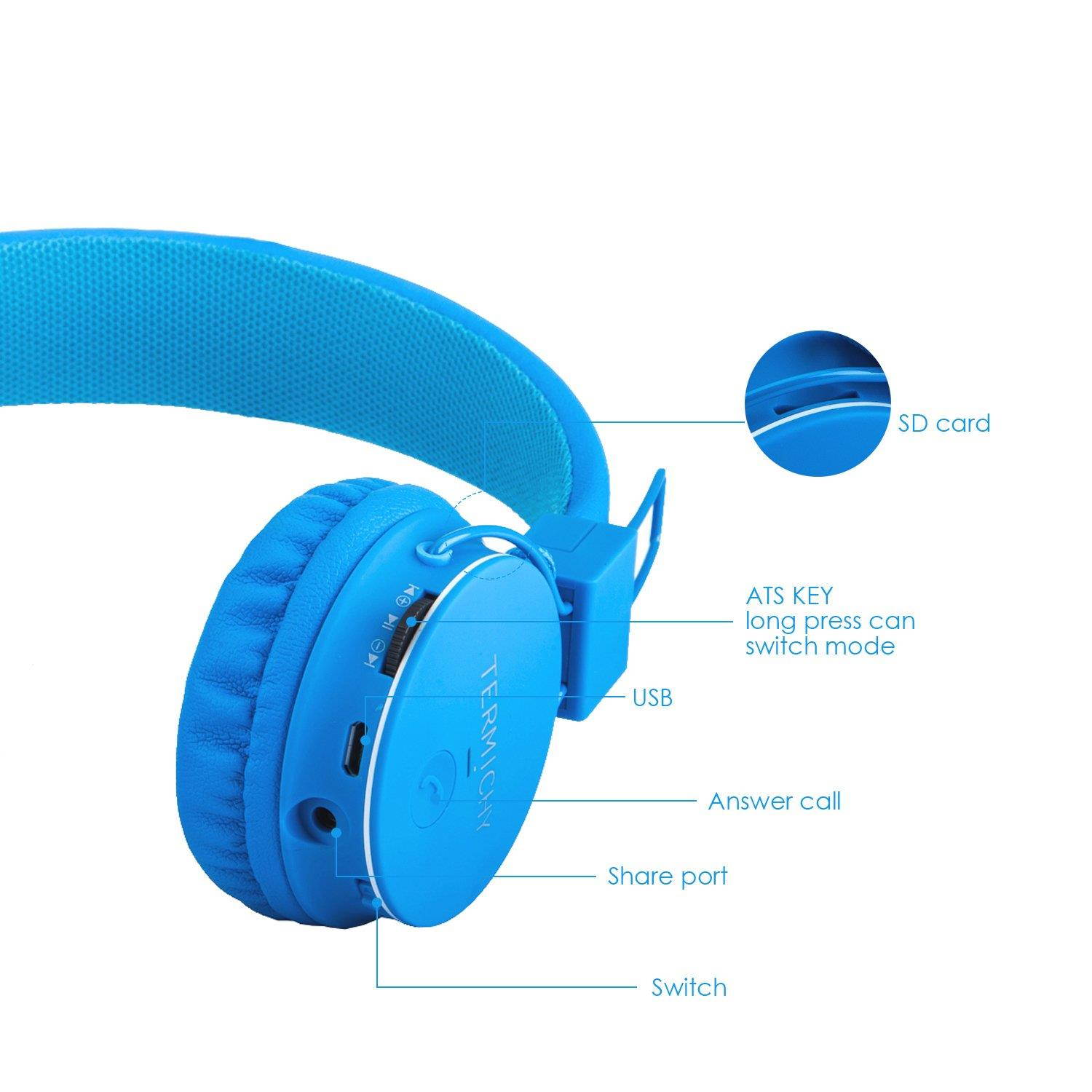 Kids Bluetooth Headphones Foldable Volume Limiting Wireless/Wired Stereo On Ear HD Headset with SD Card FM Radio in-line Volume Control Microphone for Children Adults (Blue)