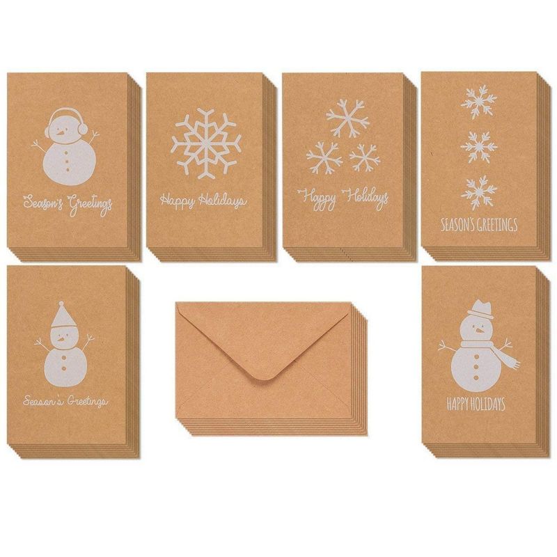 36-Pack Merry Christmas Holiday Greeting Cards Bulk Box Set - Winter Holiday Xmas Kraft Greeting Cards with Snowman Snowflake, Envelopes Included 4x6"