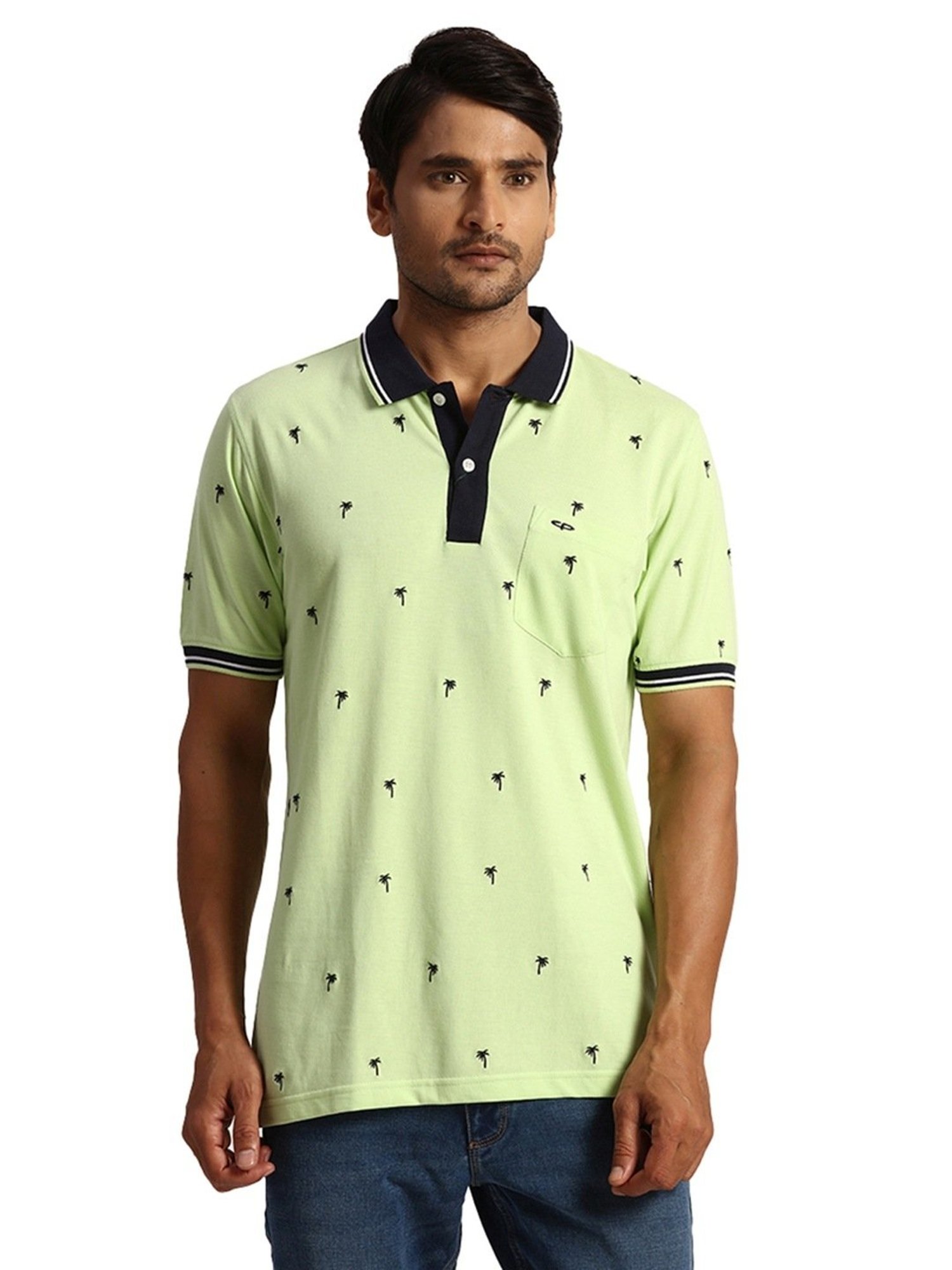 ColorPlus Green Cotton Tailored Fit Printed Polo T-Shirt